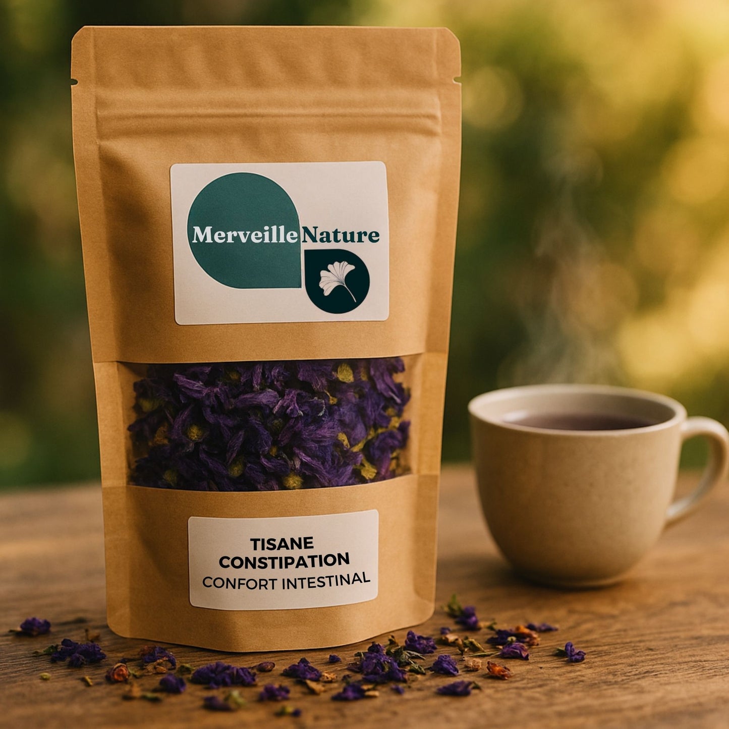 Sachet kraft de tisane Constipation & Confort Intestinal posé sur une table en bois, entouré de plantes séchées et de fleurs digestives. Une tasse de tisane chaude fume doucement à côté, dans une ambiance naturelle, lumineuse et apaisante. Image évoquant le bien-être intestinal et la détente – MerveilleNature.