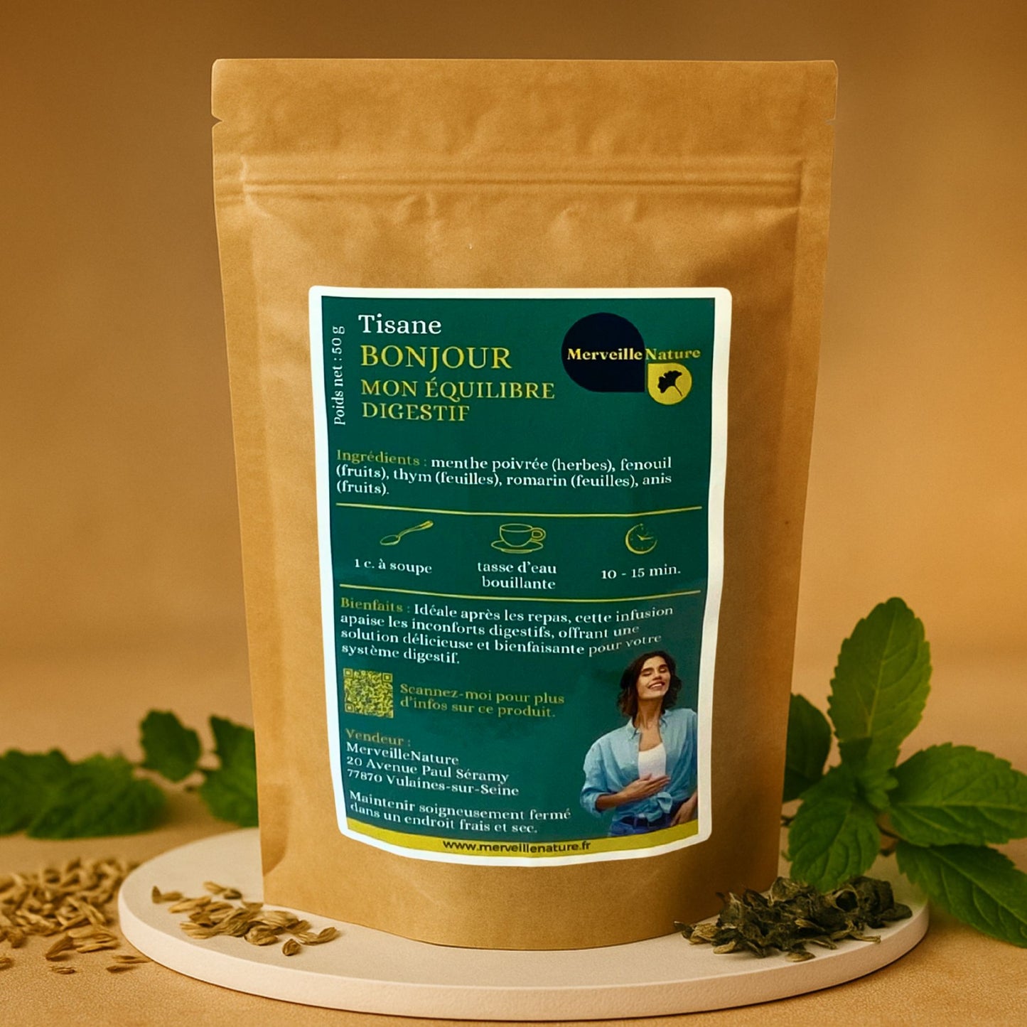 Sachet de tisane « Bonjour mon Équilibre Digestif » avec un mélange de menthe poivrée, fenouil, thym, romarin et anis vert, conçu pour favoriser la digestion et offrir une infusion naturelle et apaisante après les repas.