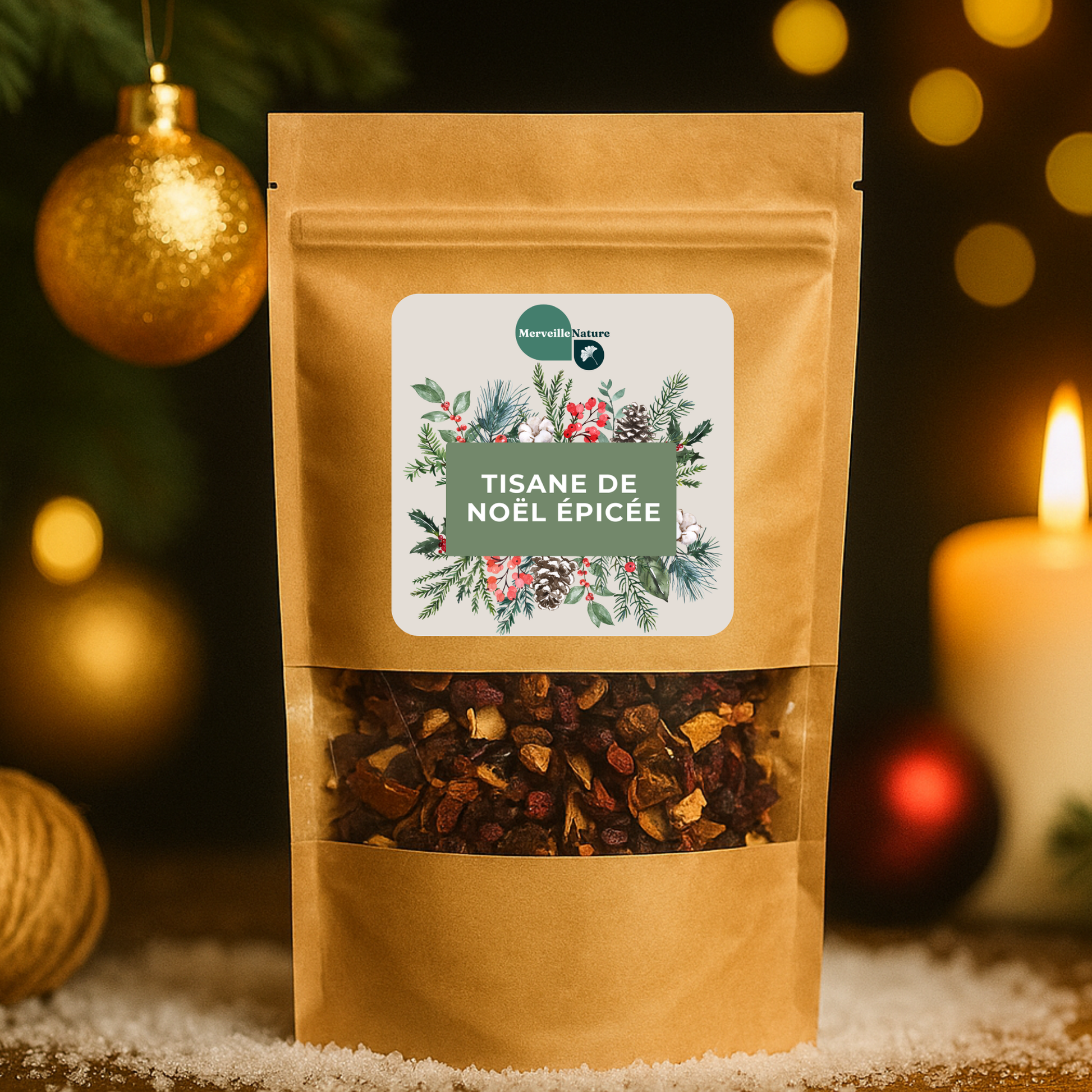 Sachet de la Tisane de Noël Épicée de MerveilleNature au premier plan, avec en arrière-plan une bougie allumée, des boules de Noël, une branche de sapin et décorations festives, créant une ambiance chaleureuse et conviviale de Noël.