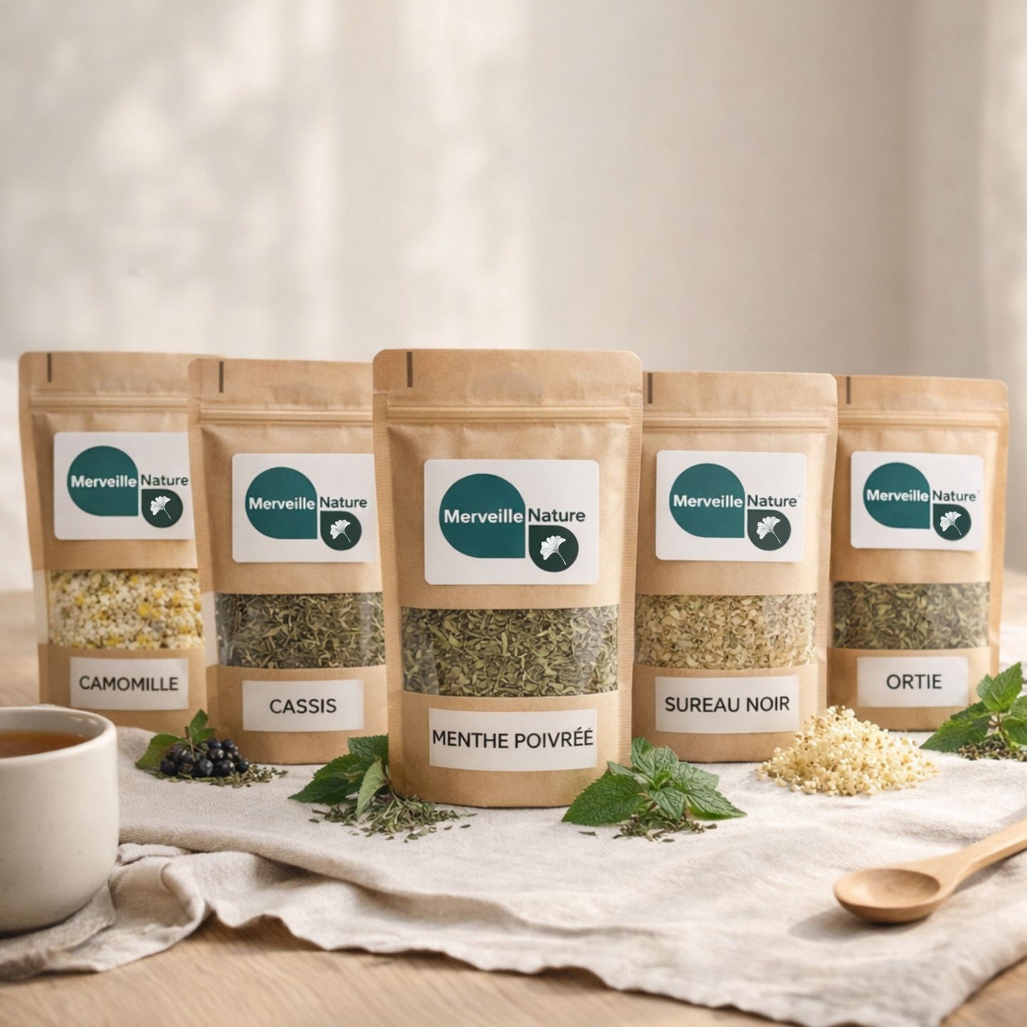 Tisanes naturelles en vrac Merveille Nature : camomille, cassis, menthe poivrée, sureau noir et ortie, présentées en sachets kraft sur fond épuré, idéales pour le bien-être et les infusions santé