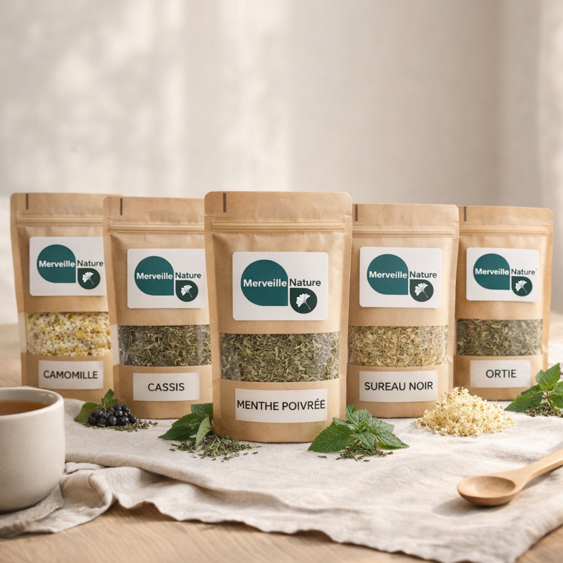 Tisanes naturelles en vrac Merveille Nature : camomille, cassis, menthe poivrée, sureau noir et ortie, présentées en sachets kraft sur fond épuré, idéales pour le bien-être et les infusions santé