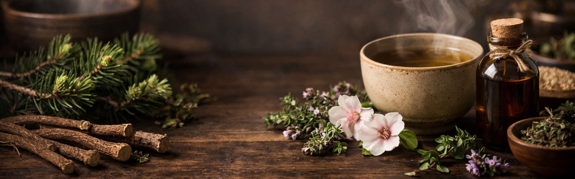 Banner bien-être aux tons sombres et naturels avec thym, pin, guimauve, racines de réglisse, tisane fumante et flacon de sirop, évoquant l’apaisement des voies respiratoires en fin d’hiver