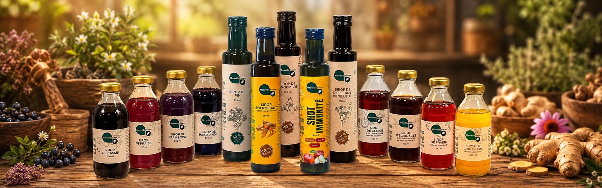 Banner de la gamme de sirops MerveilleNature avec bouteilles de sirops naturels artisanaux dans une ambiance chaleureuse et herboristerie