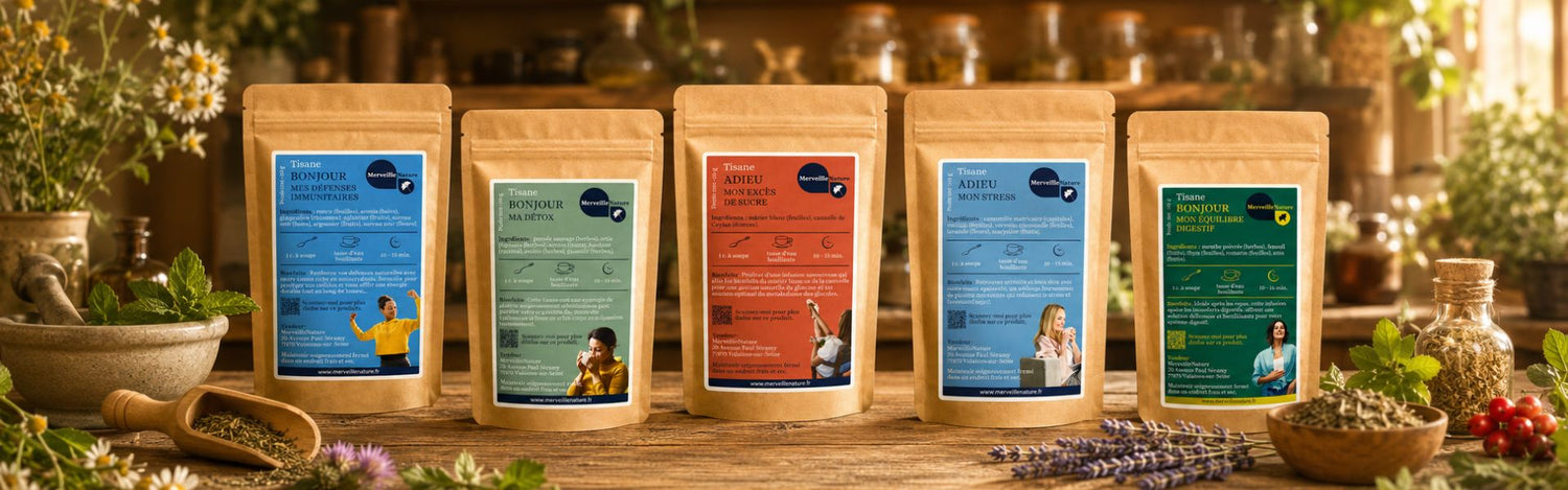 Banner de la collection de tisanes MerveilleNature avec sachets de tisanes naturelles bien-être, infusions aux plantes et univers herboristerie