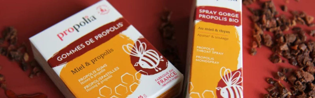 Gommes de Propolis® au miel et spray gorge propolis bio miel & thym Propolia sur fond de propolis brute — soins naturels de la ruche fabriqués en France 