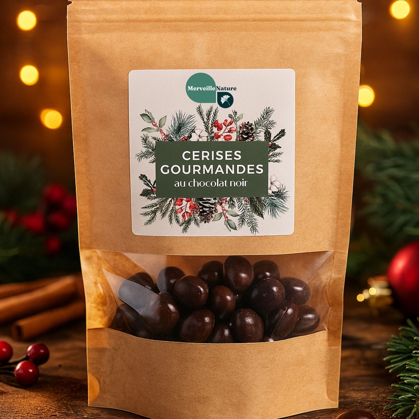 Sachet doypack de cerises enrobées de chocolat noir présenté sur une table en bois, entouré de branches de sapin, de guirlandes lumineuses et de décorations de Noël. Ambiance chaleureuse, artisanale et gourmande, évoquant les douceurs festives et l’esprit authentique de Noël.
