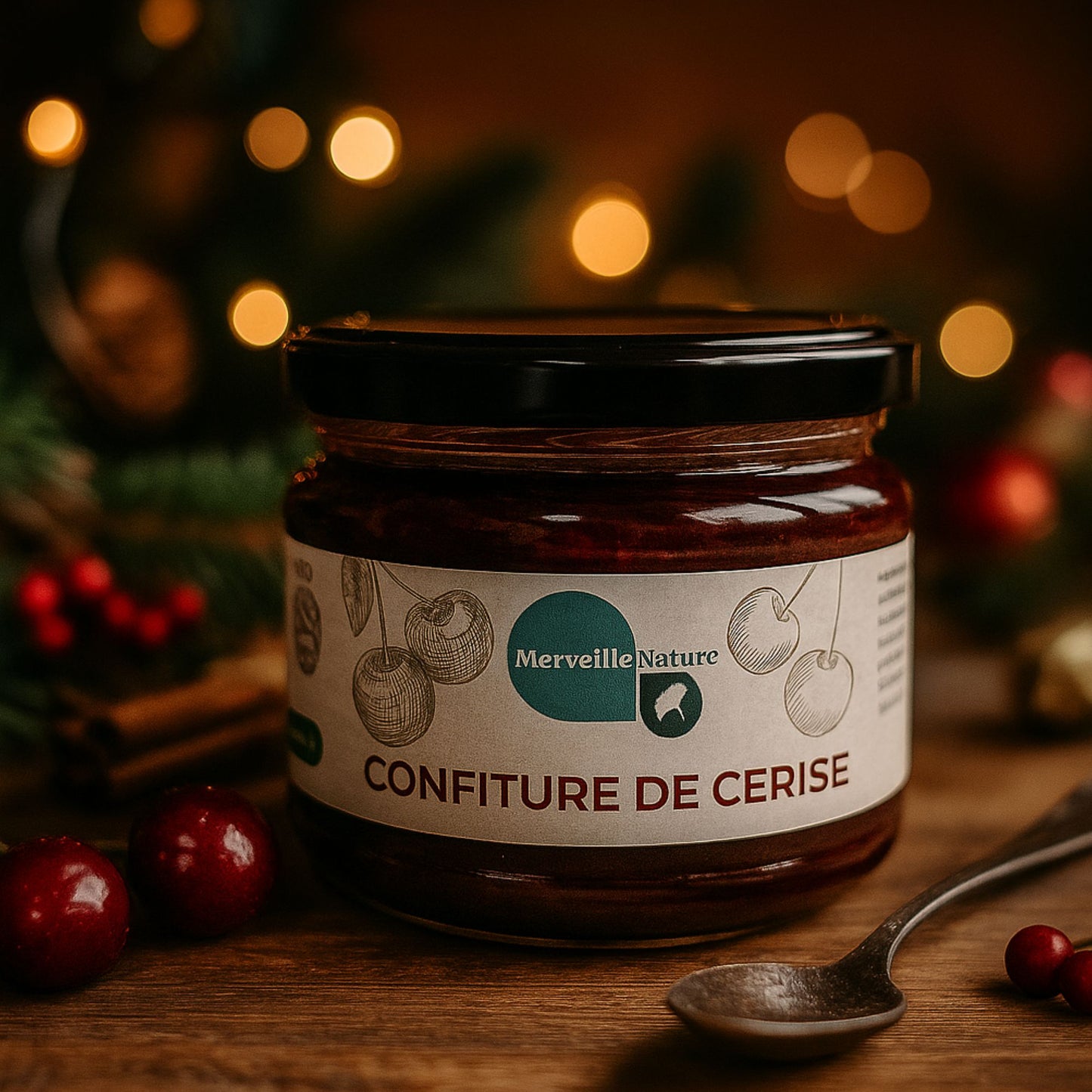 Pot de confiture de cerises artisanal mis en valeur sur une table en bois, entouré de branches de sapin, de guirlandes lumineuses et de décorations de Noël. Ambiance chaleureuse et authentique, évoquant les douceurs faites maison et l’esprit des fêtes.