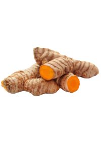 Racine de curcuma partiellement coupée, montrant la chair orange à l'intérieur.