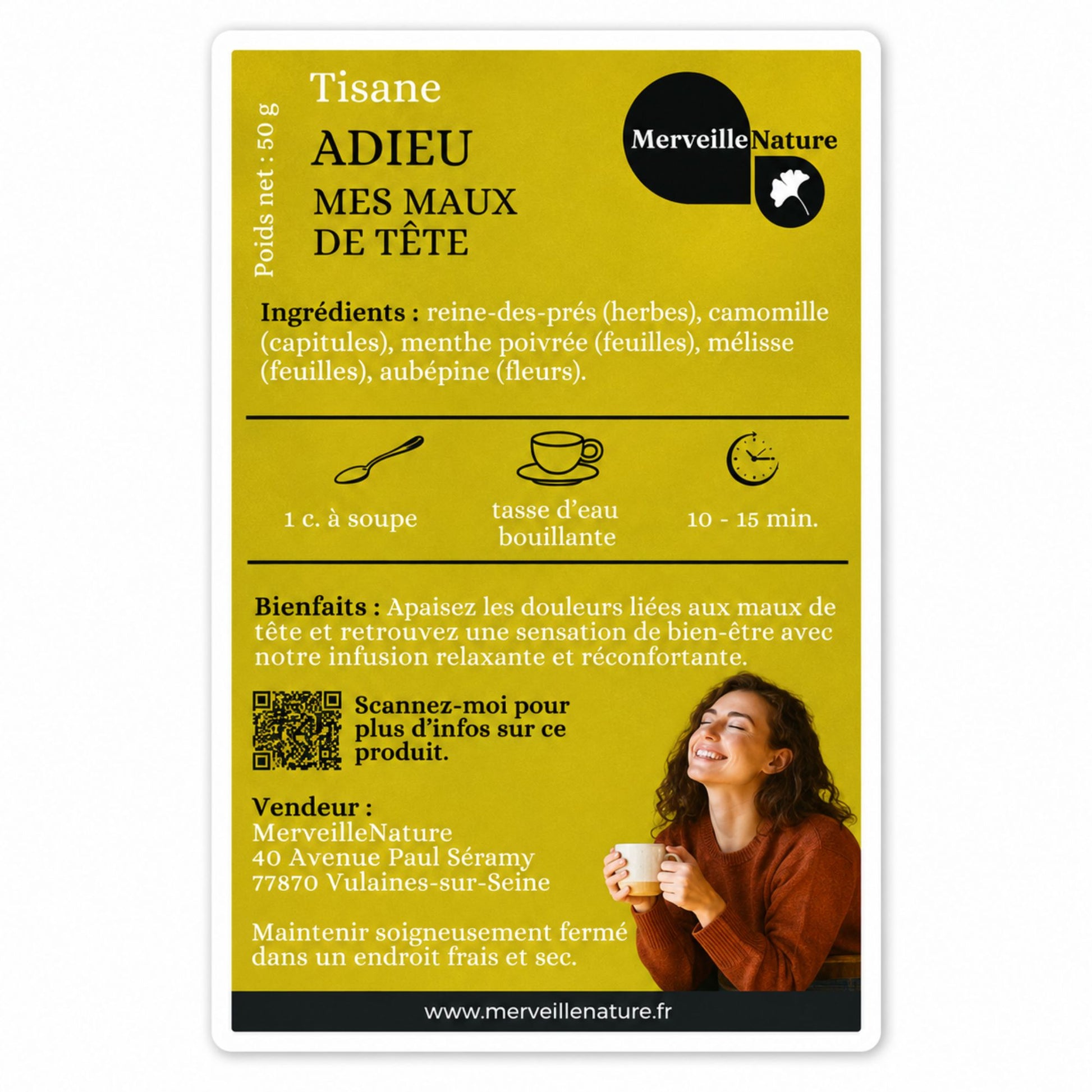 Étiquette de la tisane Adieu Mes Maux de Tête MerveilleNature, infusion naturelle relaxante avec reine-des-prés, camomille, menthe poivrée, mélisse et aubépine