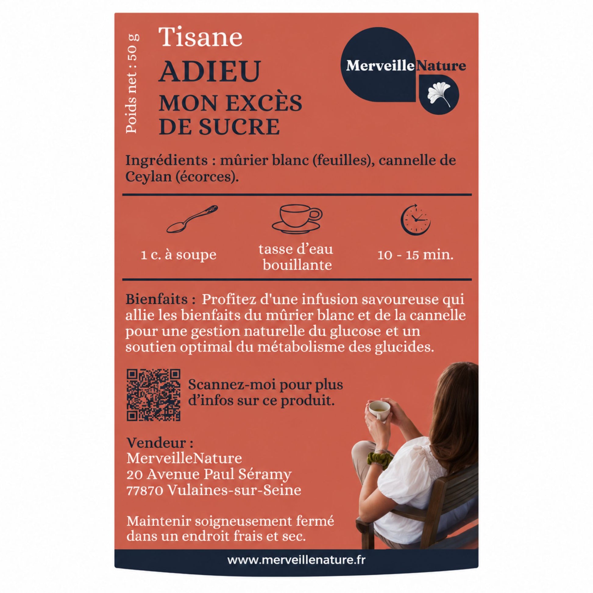 Étiquette de la tisane Adieu Mon Excès de Sucre MerveilleNature, infusion naturelle au mûrier blanc et à la cannelle de Ceylan