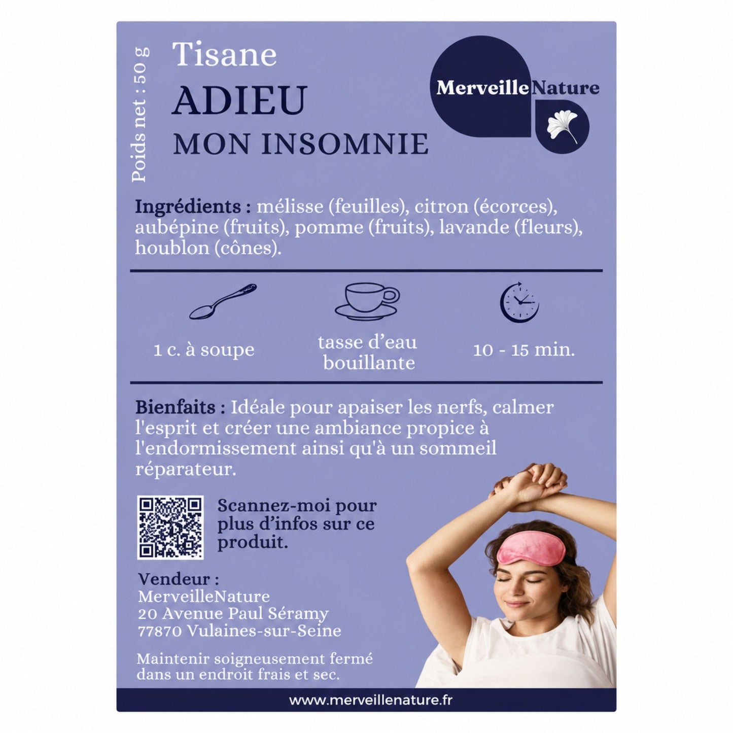 Étiquette de la tisane Adieu Mon Insomnie MerveilleNature, infusion naturelle du soir avec mélisse, citron, aubépine, pomme, lavande et houblon