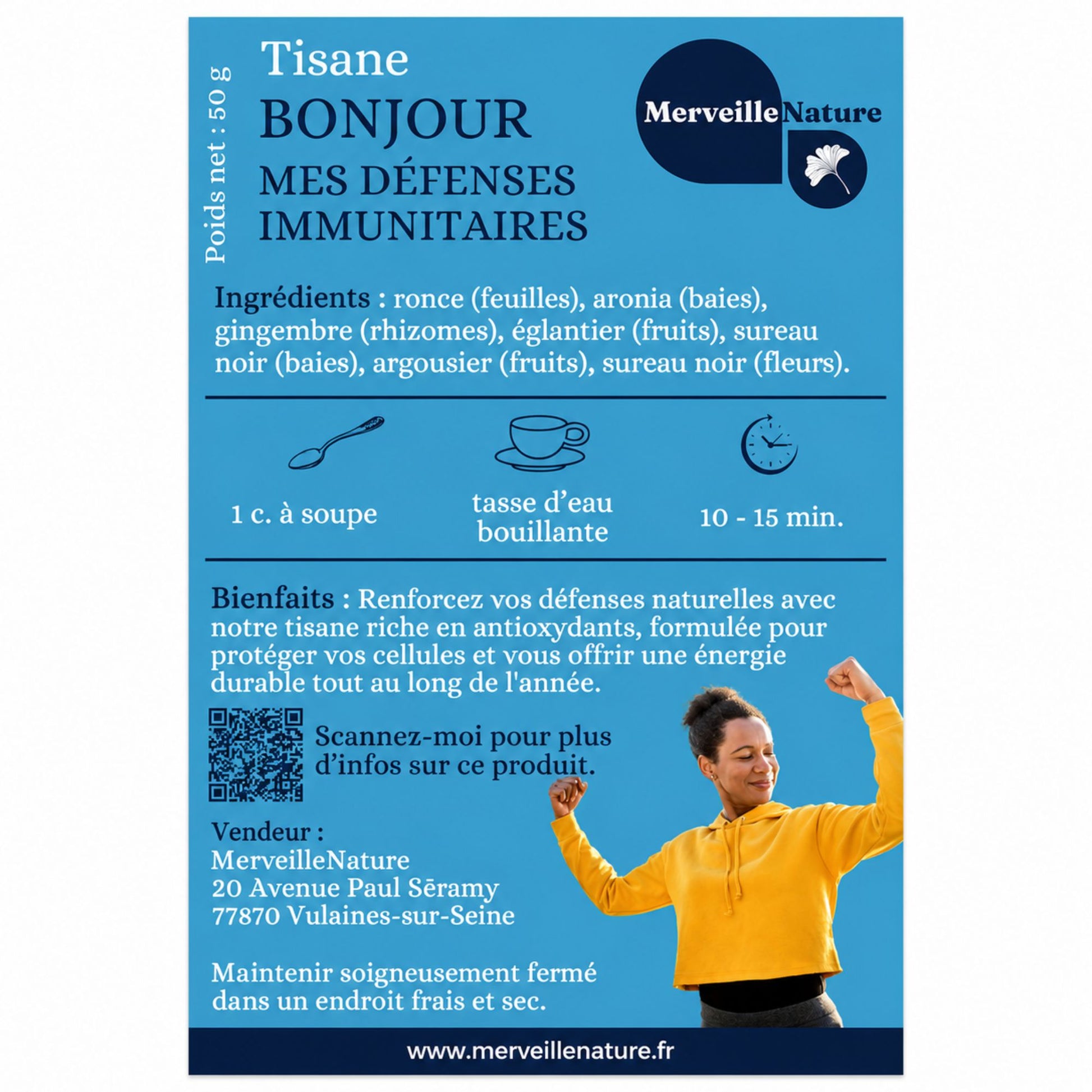 Étiquette de la tisane Bonjour Mes Défenses Immunitaires MerveilleNature, infusion naturelle aux plantes avec gingembre, aronia, églantier, sureau noir et argousier