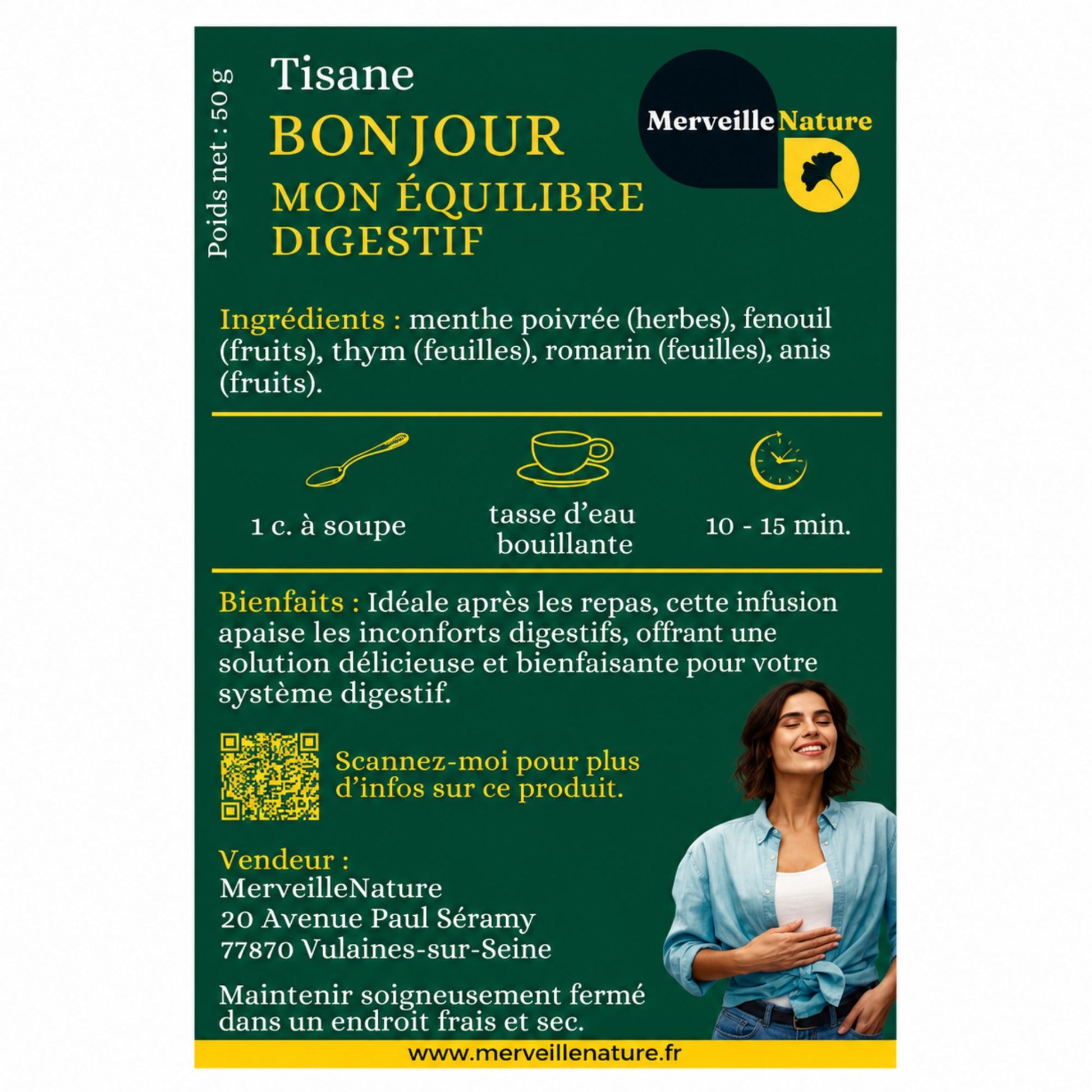 Étiquette de la tisane Bonjour Mon Équilibre Digestif MerveilleNature, infusion naturelle digestive avec menthe poivrée, fenouil, thym, romarin et anis