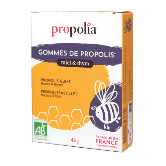 Boîte de Gommes de Propolis au Miel et Thym bio 45 g Propolia, gommes à la propolis fabriquées en France, logo Agriculture Biologique