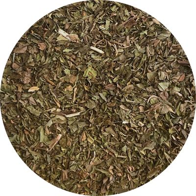 Feuilles de menthe verte séchées, plante aromatique et digestive utilisée en infusion. Texture naturelle, couleur verte intense, produit bien-être artisanal MerveilleNature.