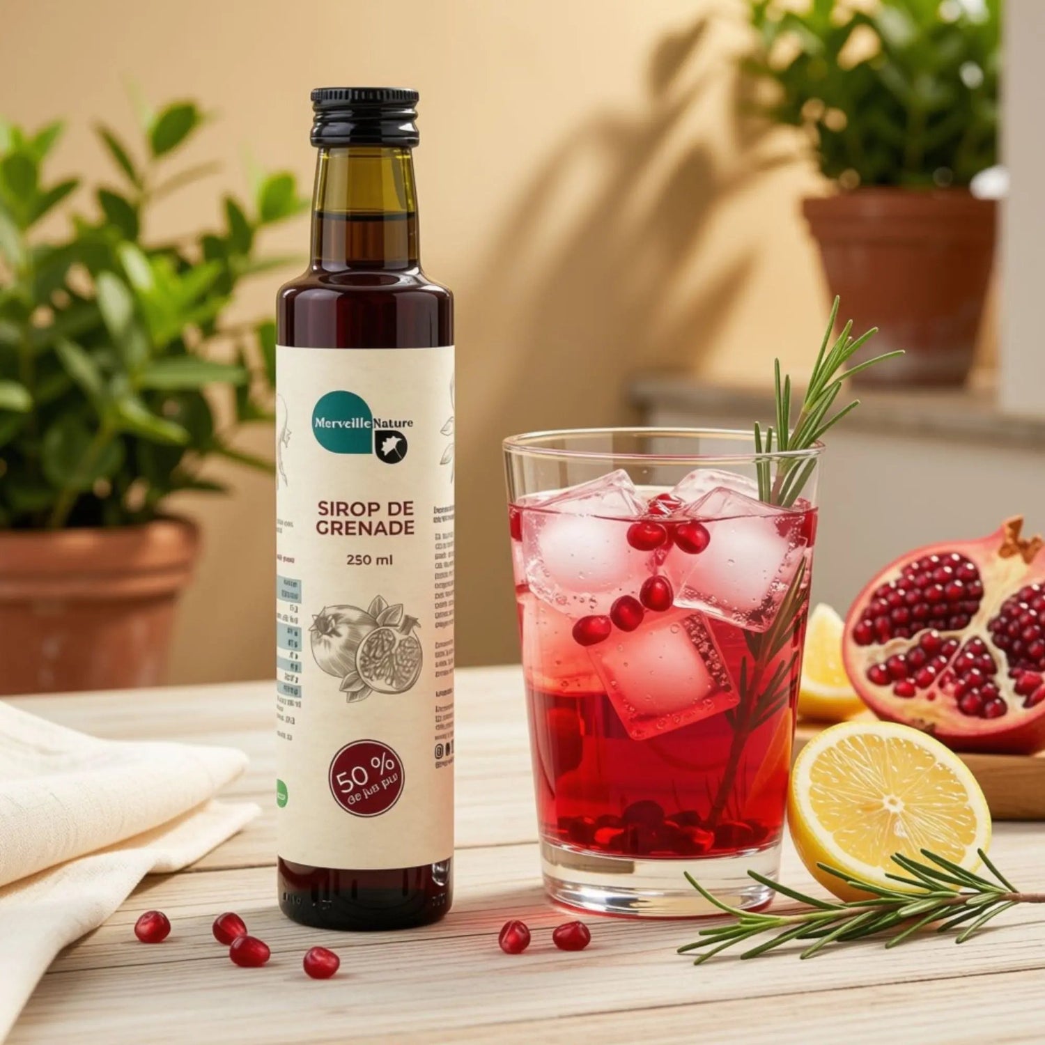 Mocktail naturel préparé avec du sirop de grenade artisanal MerveilleNature, eau pétillante, glaçons, citron et graines de grenade fraîches.