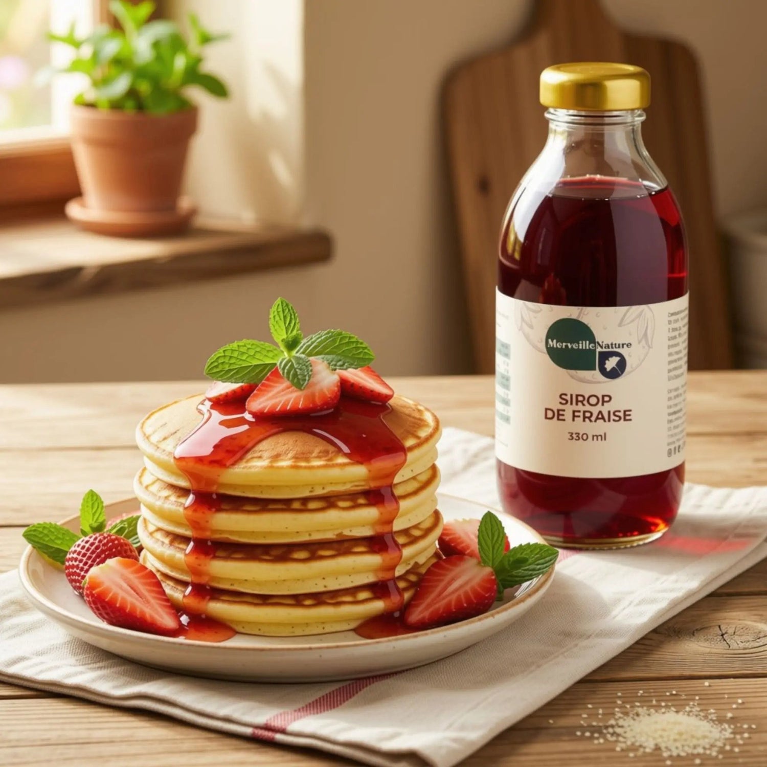 Pancakes maison nappés de sirop de fraise artisanal MerveilleNature avec des fraises fraîches pour un dessert gourmand et naturel