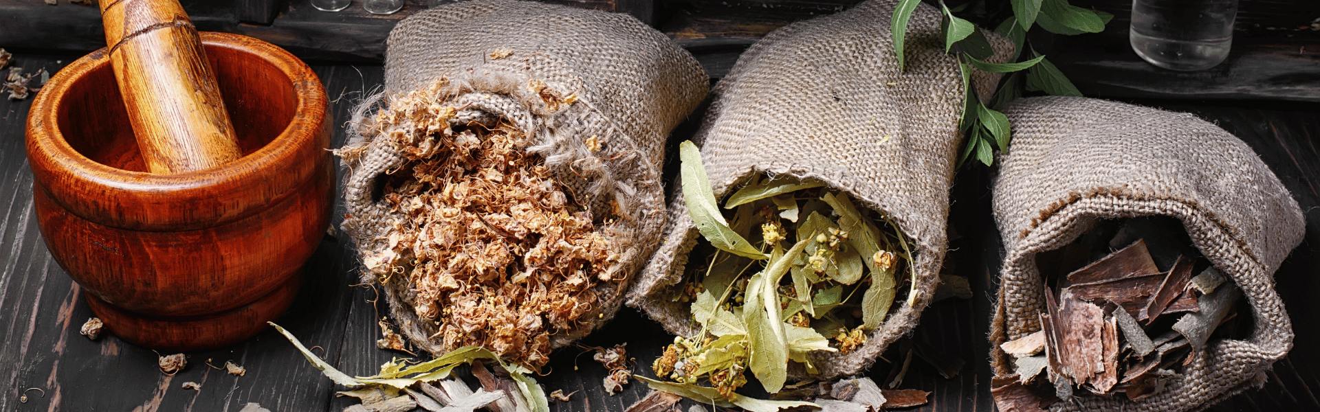 Plantes en vrac disposées à côté d’un mortier et d’un pilon d’herboriste, utilisés pour les réduire en poudre et préparer des remèdes naturels.