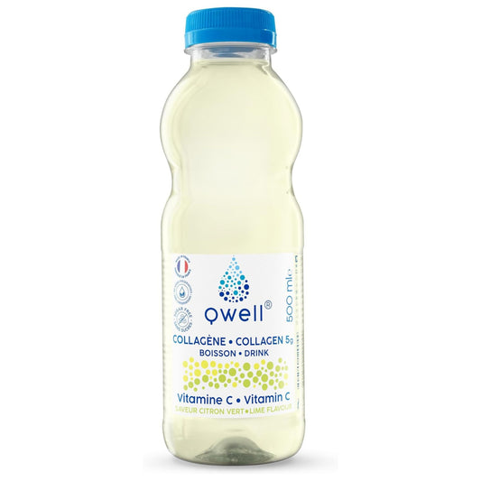 Bouteille Qwell collagène 5g saveur citron vert sur fond blanc, enrichie en vitamine C naturelle, sans sucres et sans conservateurs, fabriquée en France