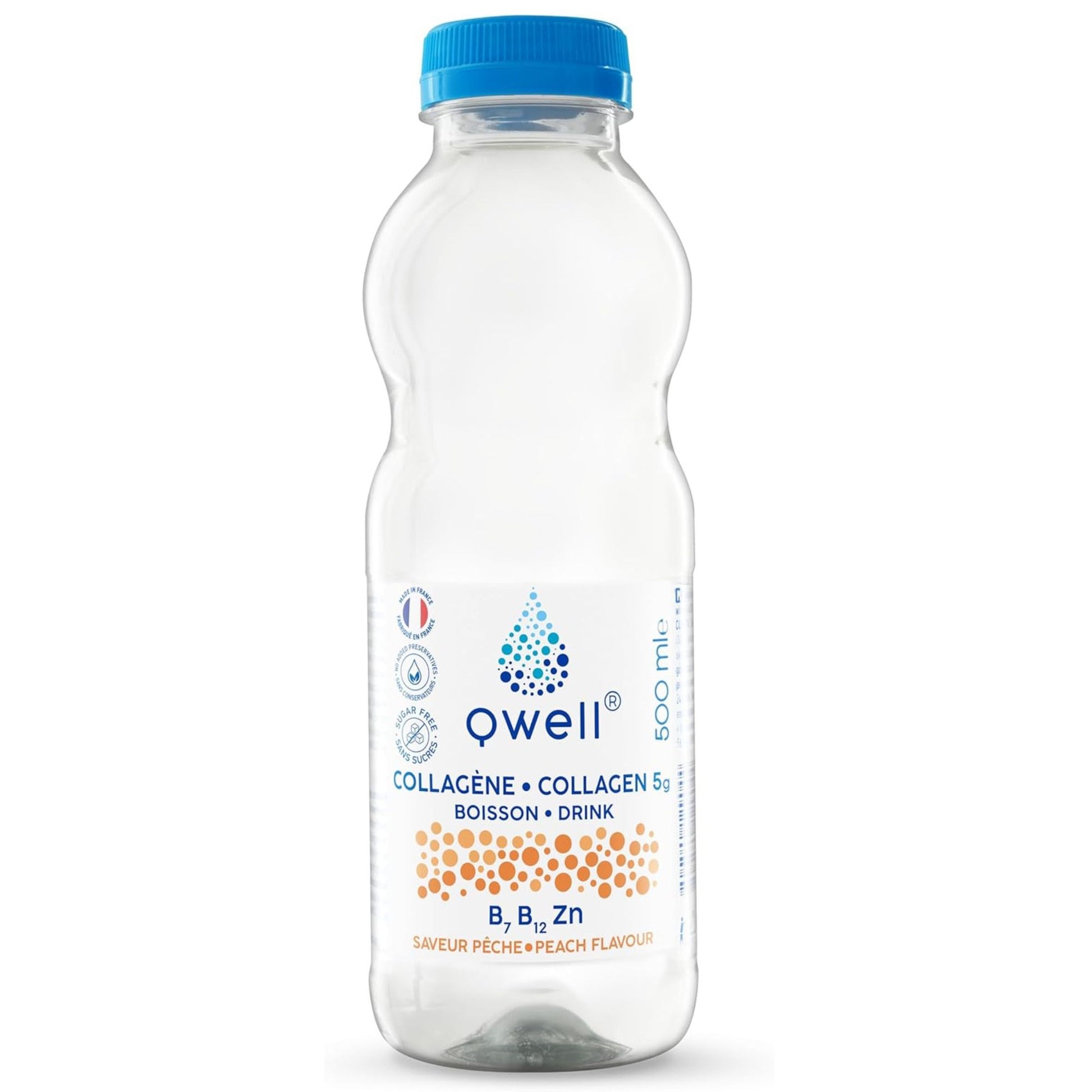 Bouteille Qwell collagène 5g saveur pêche sur fond blanc, enrichie en vitamines B7, B12 et zinc, sans sucres et sans conservateurs, fabriquée en France