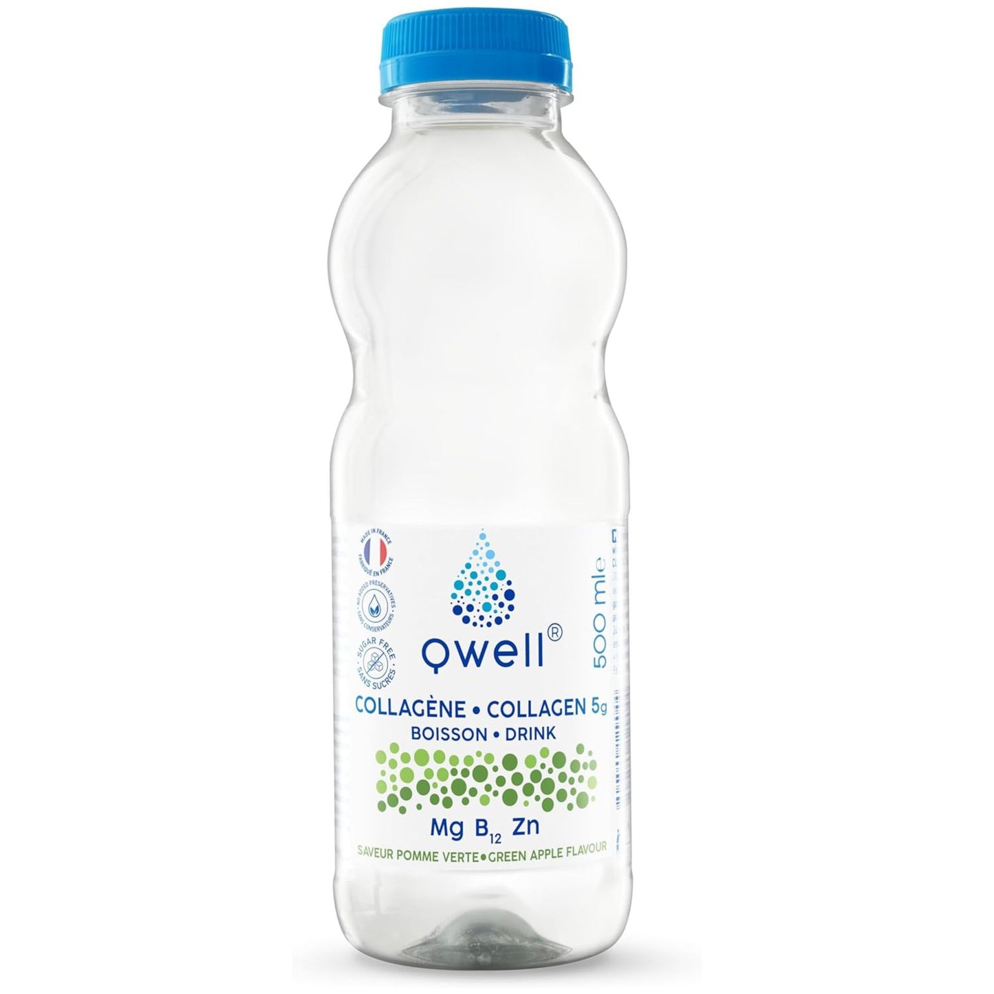 Bouteille Qwell collagène 5g saveur pomme verte sur fond blanc, enrichie en magnésium, vitamine B12 et zinc, sans sucres et sans conservateurs, fabriquée en France