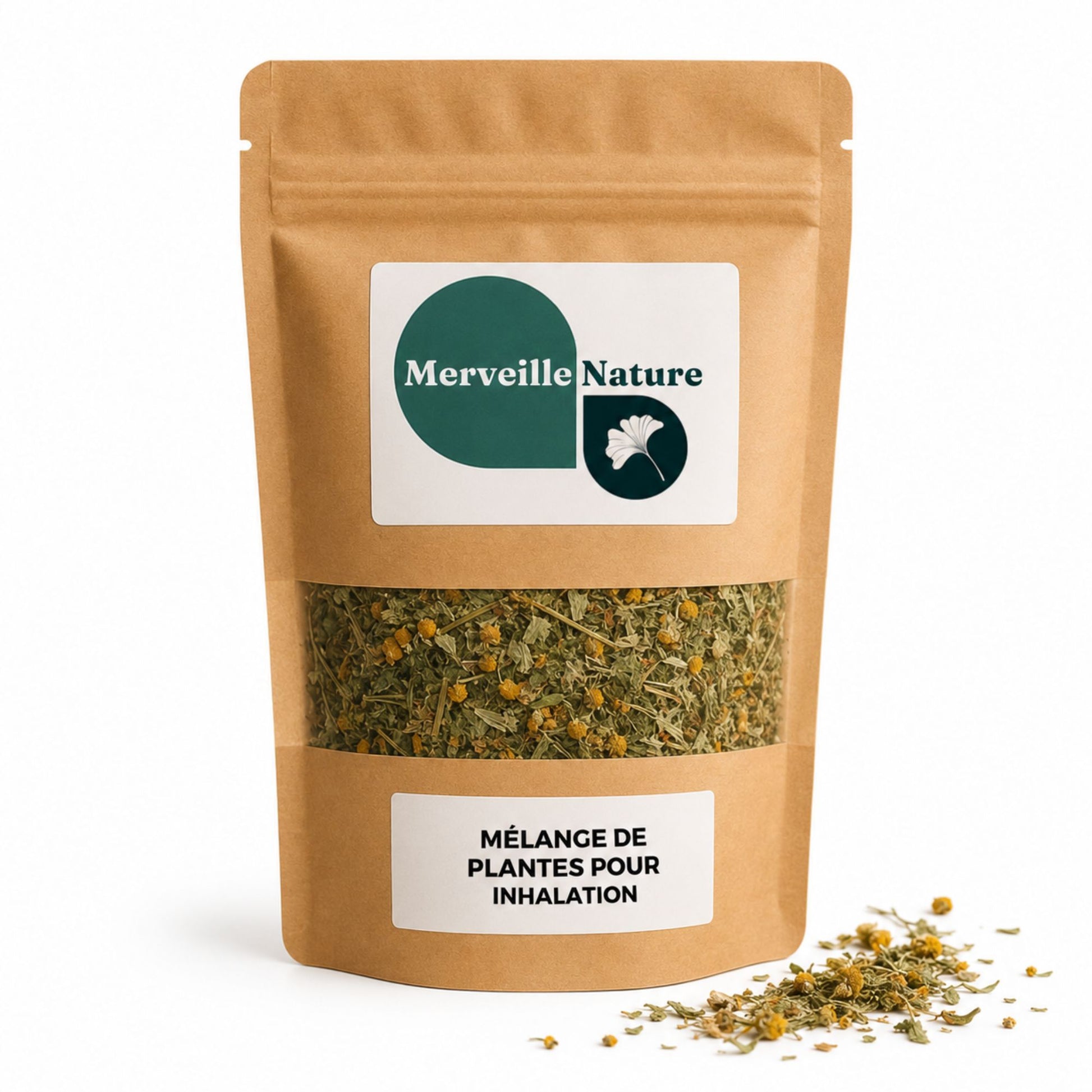 Sachet de mélange de plantes pour inhalation MerveilleNature sur fond blanc avec quelques plantes séchées, préparation naturelle pour inhalation