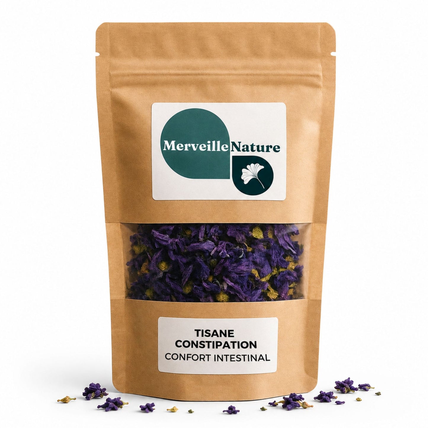 Sachet de tisane constipation MerveilleNature sur fond blanc avec plantes séchées, infusion bien-être pour le confort intestinal