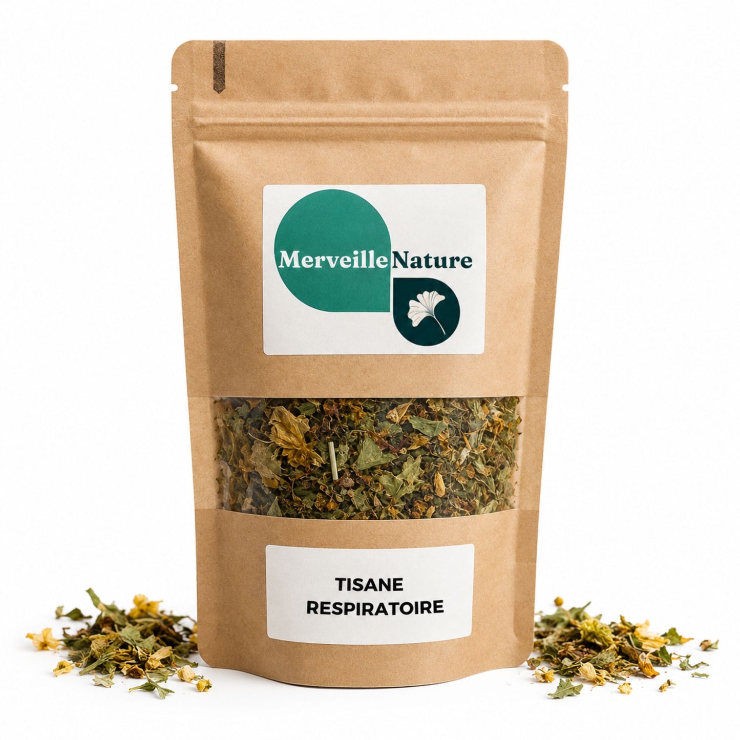 Sachet de tisane respiratoire MerveilleNature sur fond blanc avec quelques plantes séchées, infusion bien-être à base de plantes