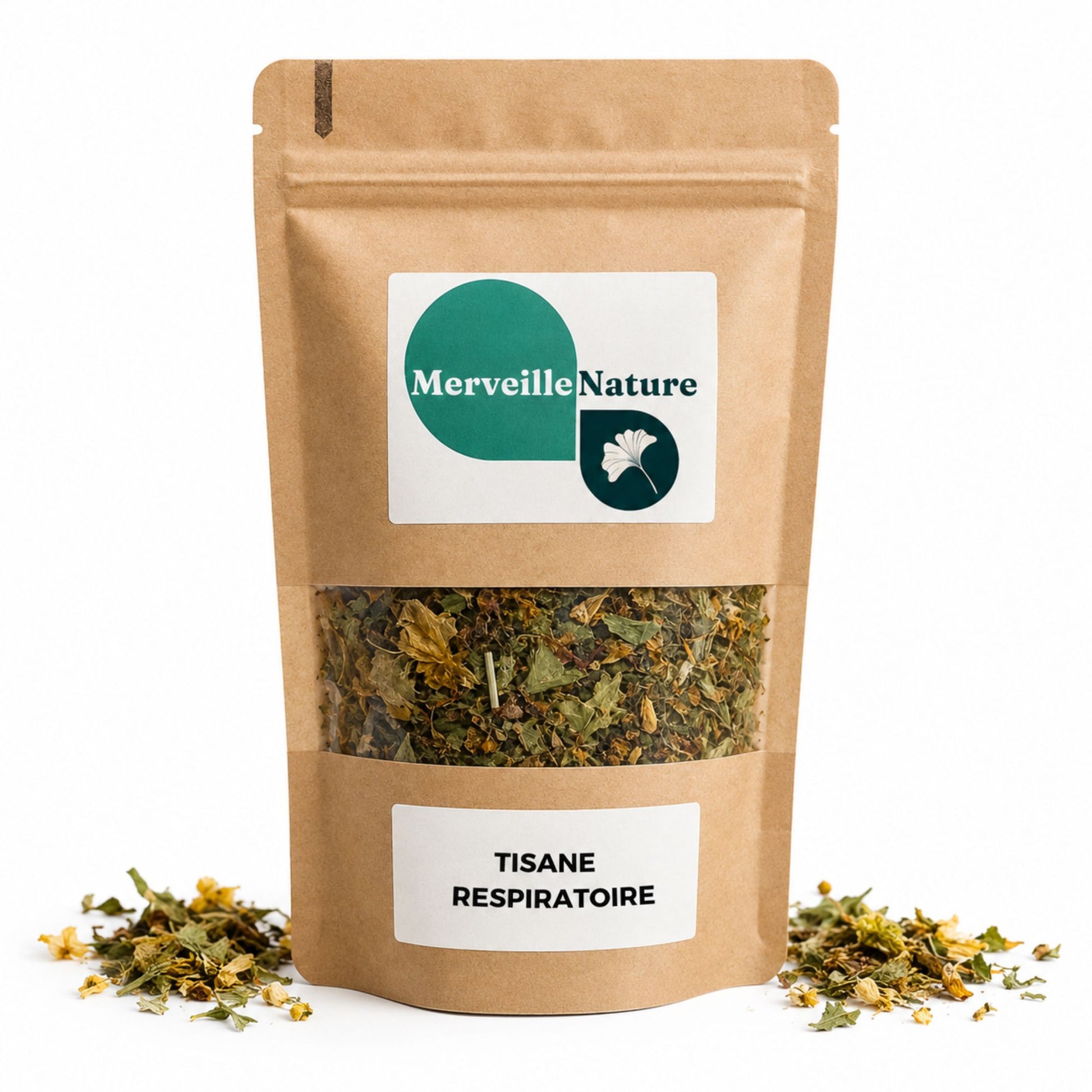 Sachet de tisane respiratoire MerveilleNature sur fond blanc avec quelques plantes séchées, infusion bien-être à base de plantes