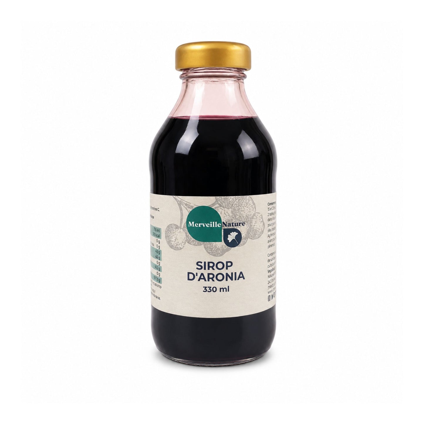 Bouteille de sirop d’aronia Merveille Nature 330 ml sur fond blanc, sirop artisanal aux baies pour boissons, desserts et recettes maison.