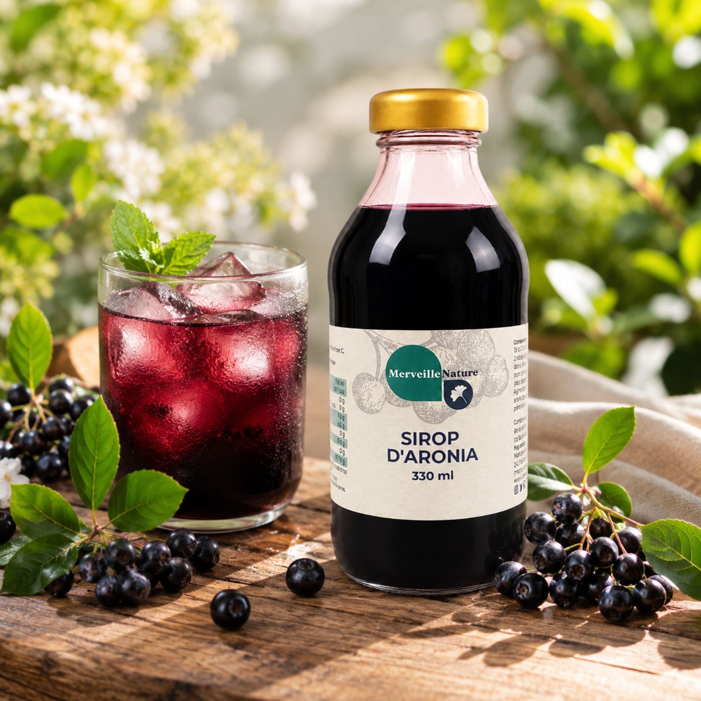 Bouteille de sirop d’aronia Merveille Nature avec baies d’aronia fraîches et boisson glacée dans une ambiance naturelle, gourmande et rafraîchissante.