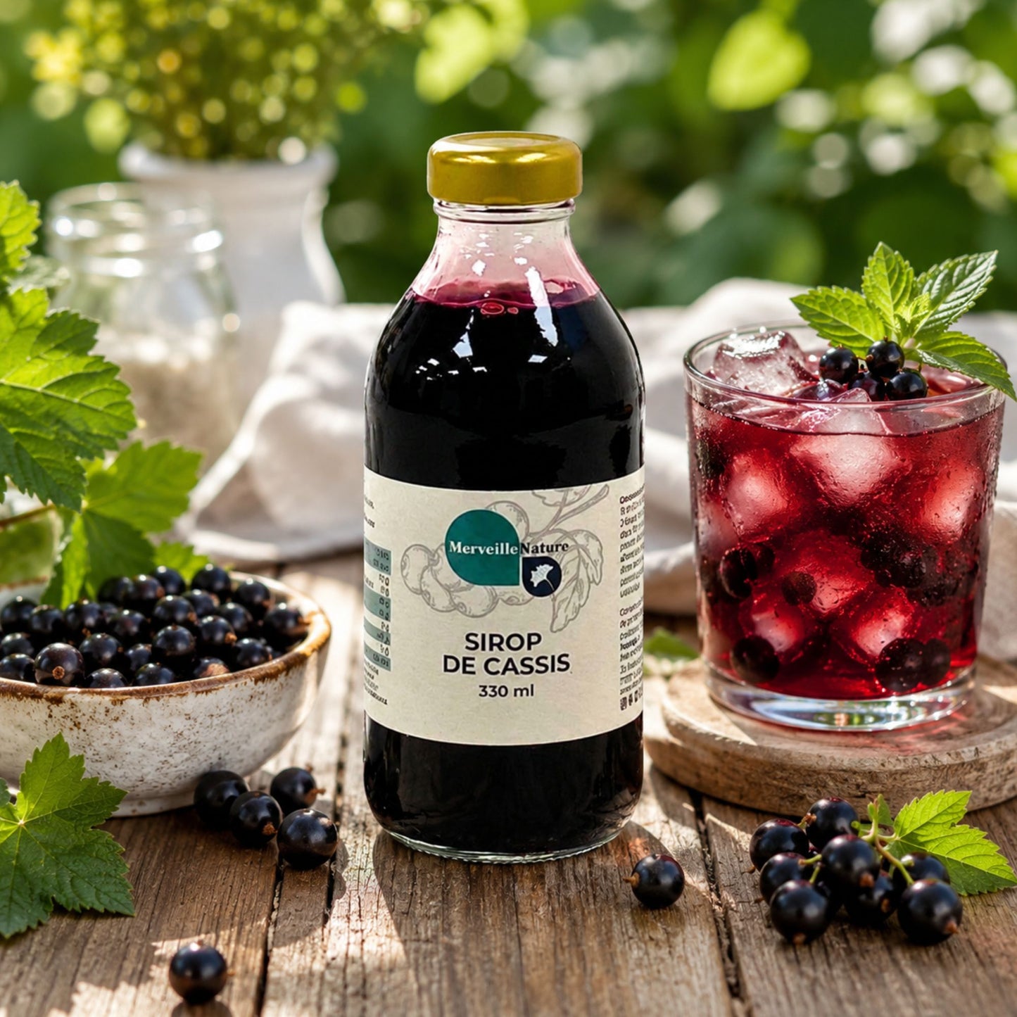 Bouteille de sirop de cassis Merveille Nature avec baies de cassis fraîches et boisson glacée dans une ambiance naturelle, gourmande et rafraîchissante.