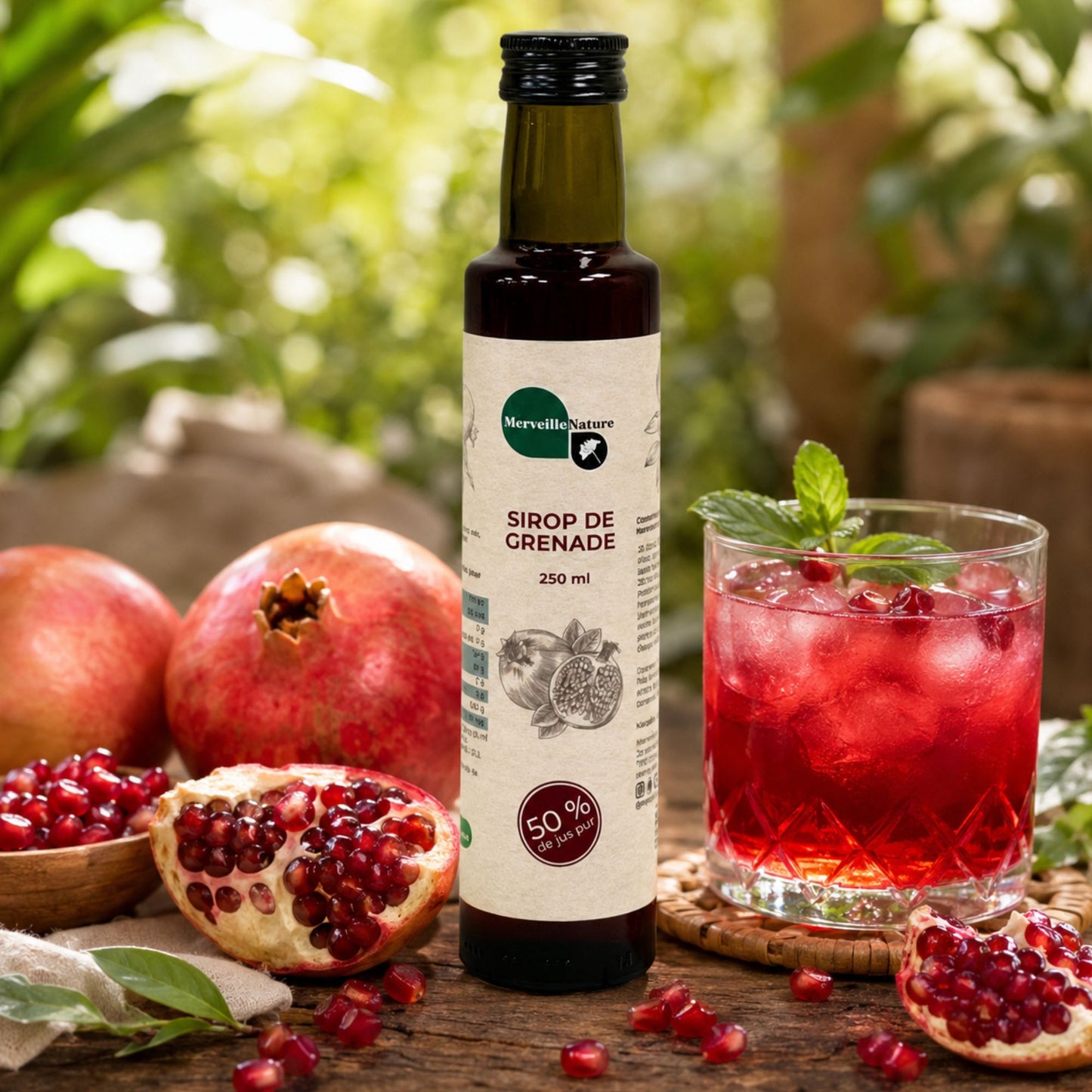 Bouteille de sirop de grenade Merveille Nature avec grenades fraîches et boisson glacée dans une ambiance naturelle, gourmande et rafraîchissante.