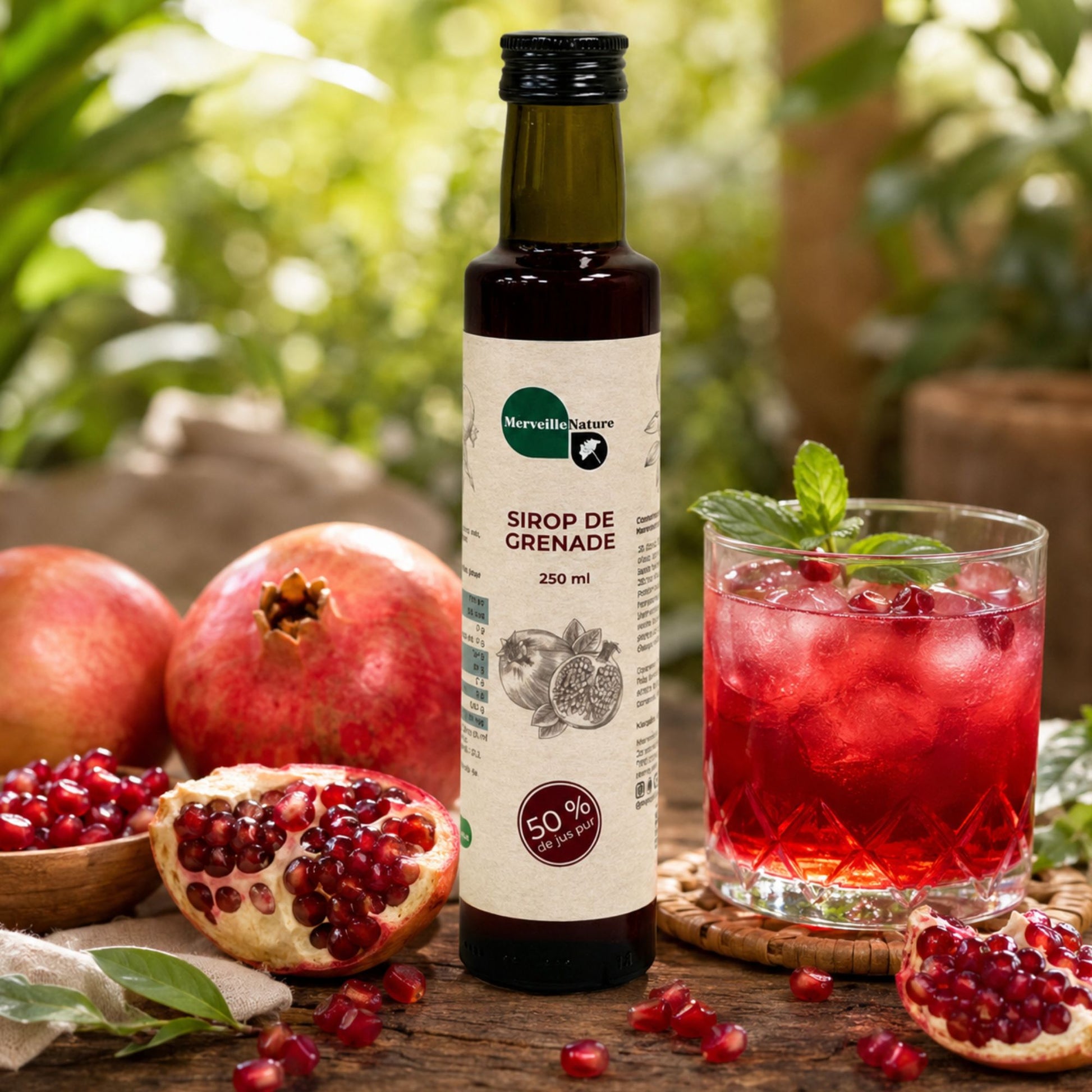Bouteille de sirop de grenade Merveille Nature avec grenades fraîches et boisson glacée dans une ambiance naturelle, gourmande et rafraîchissante.