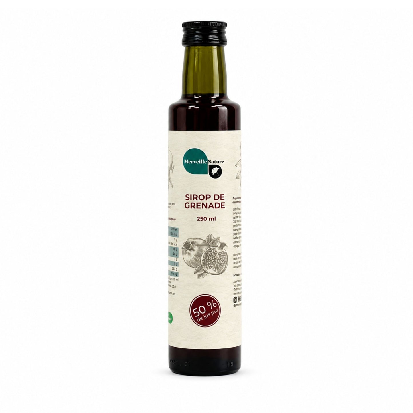 Bouteille de sirop de grenade Merveille Nature 250 ml sur fond blanc, sirop artisanal fruité pour boissons, desserts et recettes maison.
