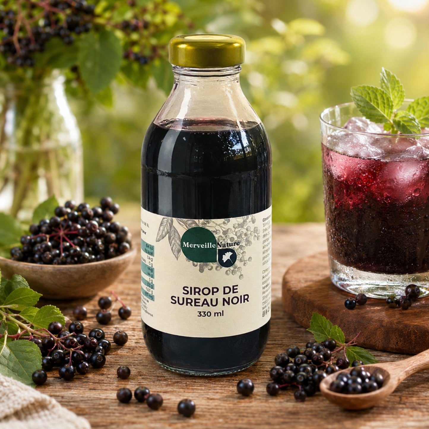 Bouteille de sirop de sureau noir Merveille Nature avec baies de sureau fraîches et boisson glacée dans une ambiance naturelle, gourmande et rafraîchissante.