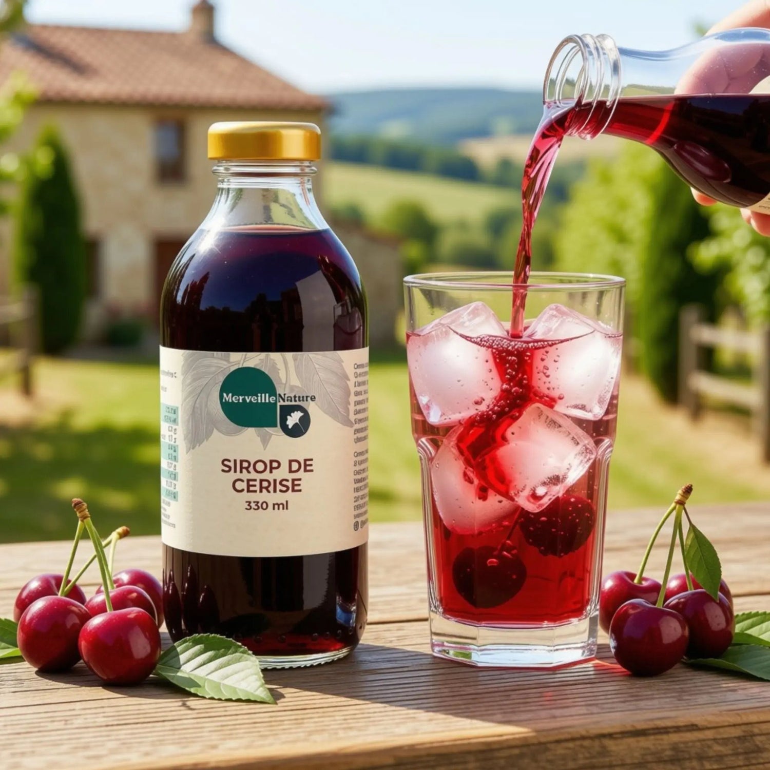 Sirop artisanal MerveilleNature servi dans un verre d'eau fraîche avec des glaçons et des fruits frais pour une boisson naturelle et rafraîchissante.
