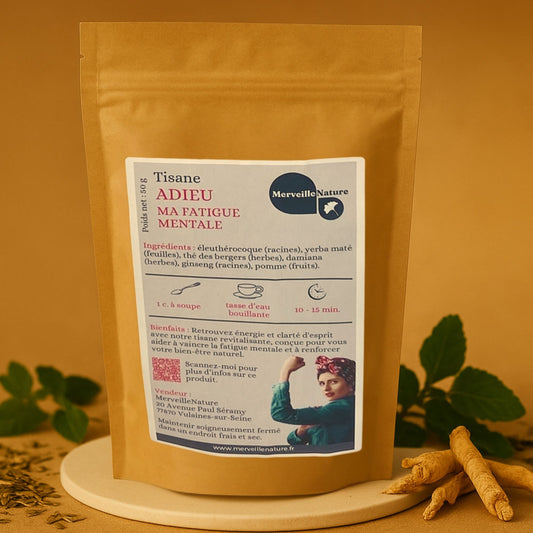 Sachet kraft de la tisane ‘Adieu ma fatigue mentale’ de MerveilleNature, contenant un mélange de plantes adaptogènes telles que l’éleuthérocoque, le ginseng Panax, la yerba maté, la damiana et le thé des bergers. Le produit est photographié dans un décor naturel évoquant vitalité, concentration et réduction de la fatigue mentale.