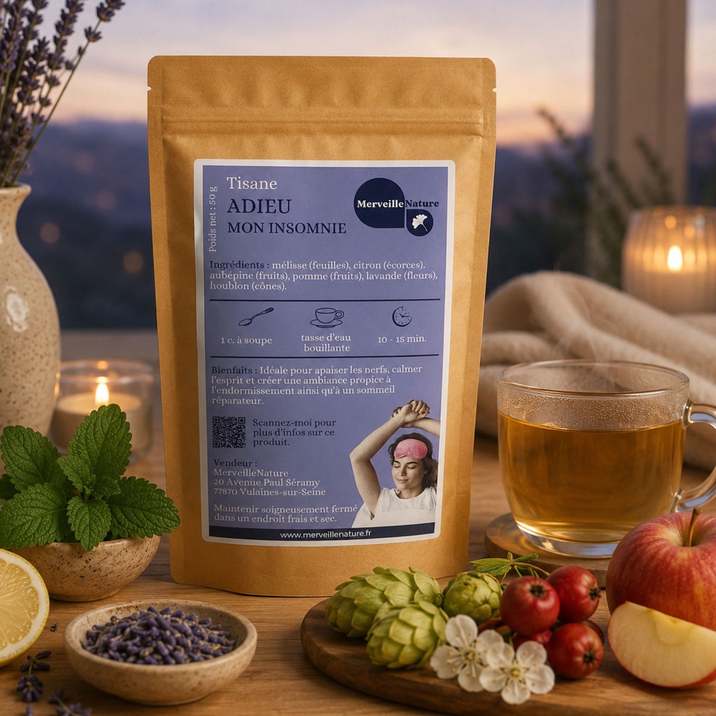 Tisane Adieu Mon Insomnie MerveilleNature en sachet kraft avec tasse d’infusion du soir, lavande, mélisse, houblon, pomme et aubépine