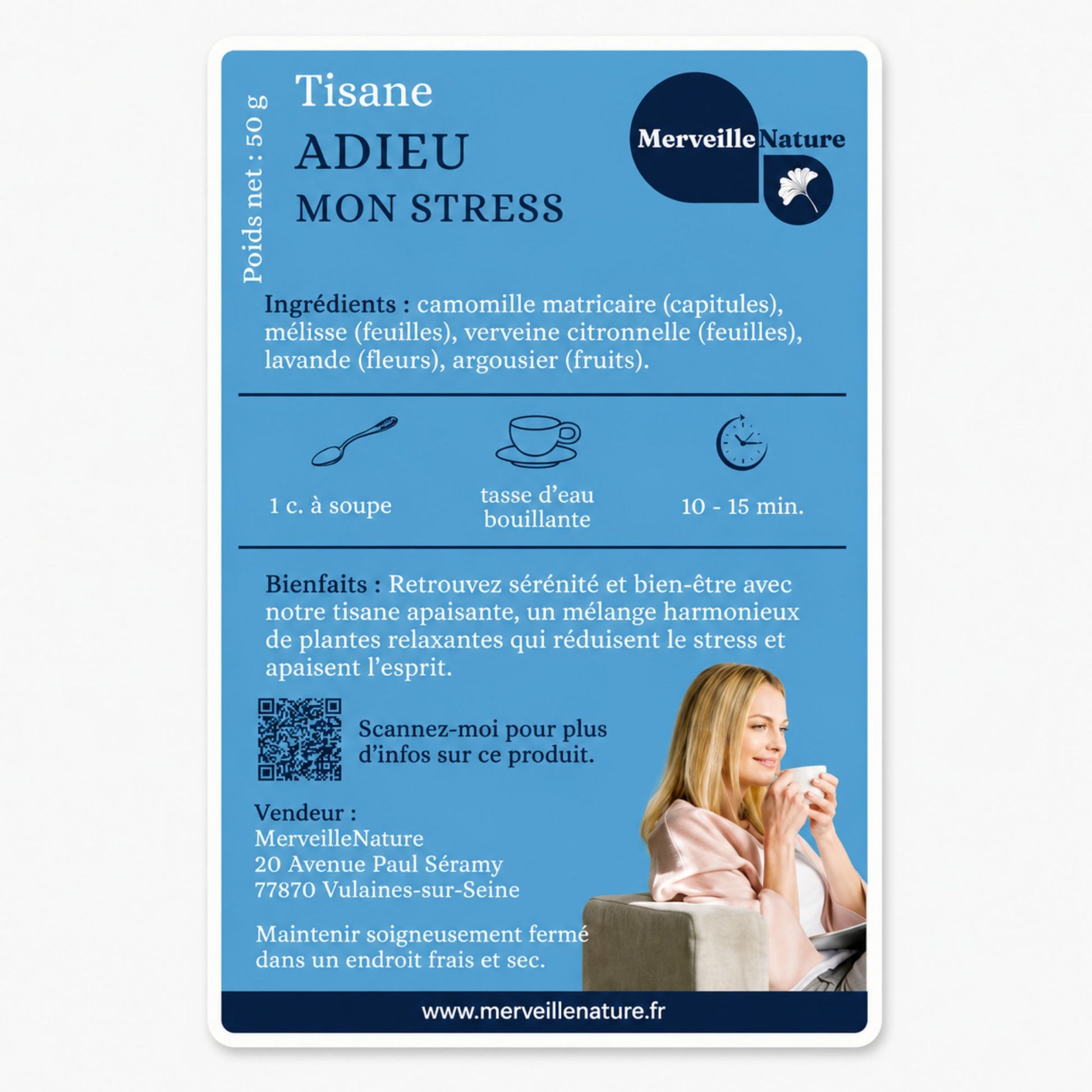  Étiquette de la tisane Adieu Mon Stress de MerveilleNature, infusion relaxante aux plantes apaisantes pour réduire le stress et favoriser la sérénité.