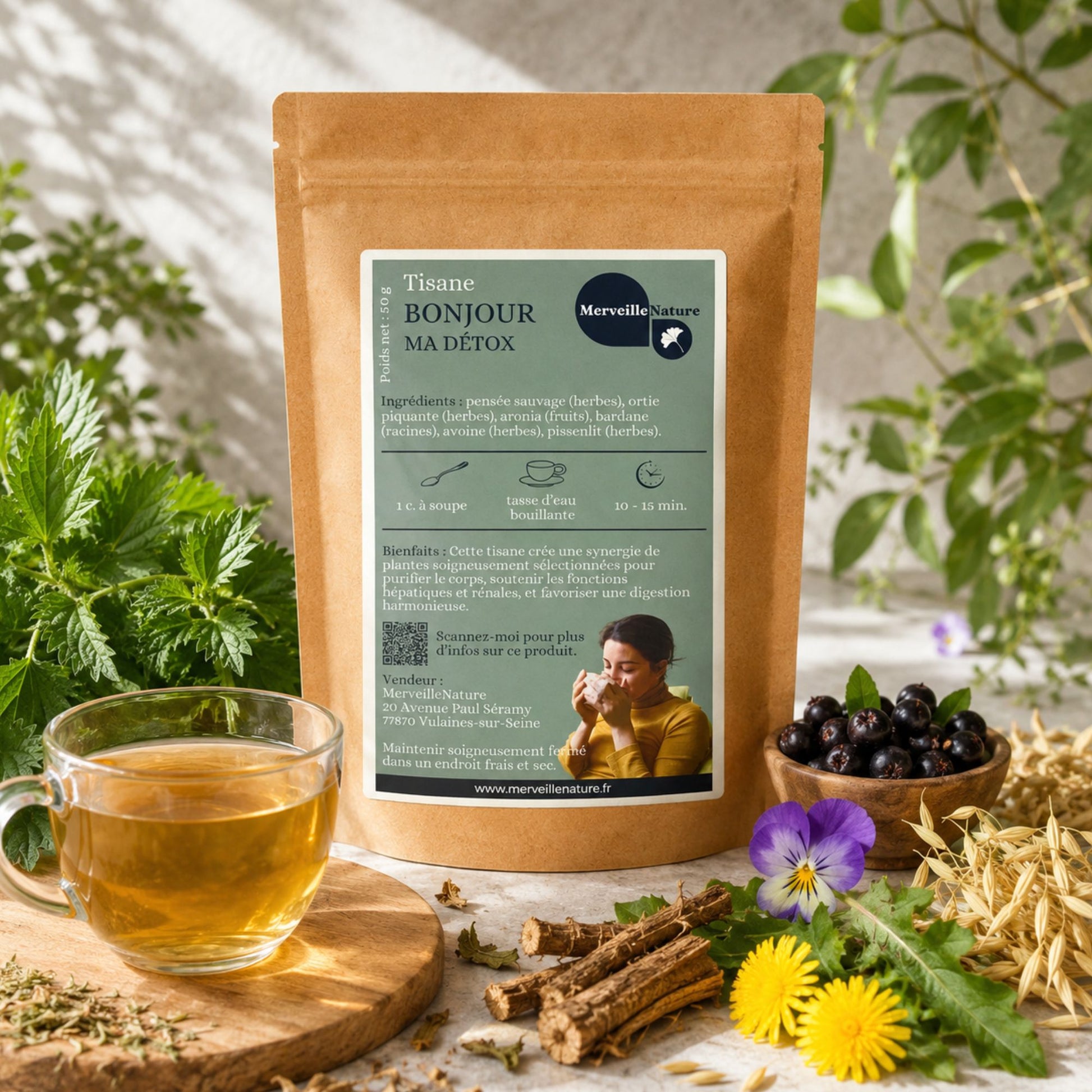 Tisane Bonjour Ma Détox MerveilleNature en sachet kraft avec tasse d’infusion, plantes détox, ortie, bardane, pissenlit, avoine et aronia