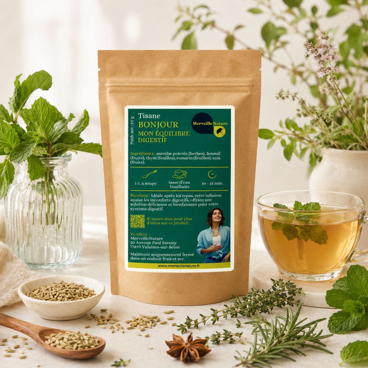 Tisane Bonjour Mon Équilibre Digestif MerveilleNature en sachet kraft avec tasse d’infusion, menthe poivrée, fenouil, thym, romarin et anis