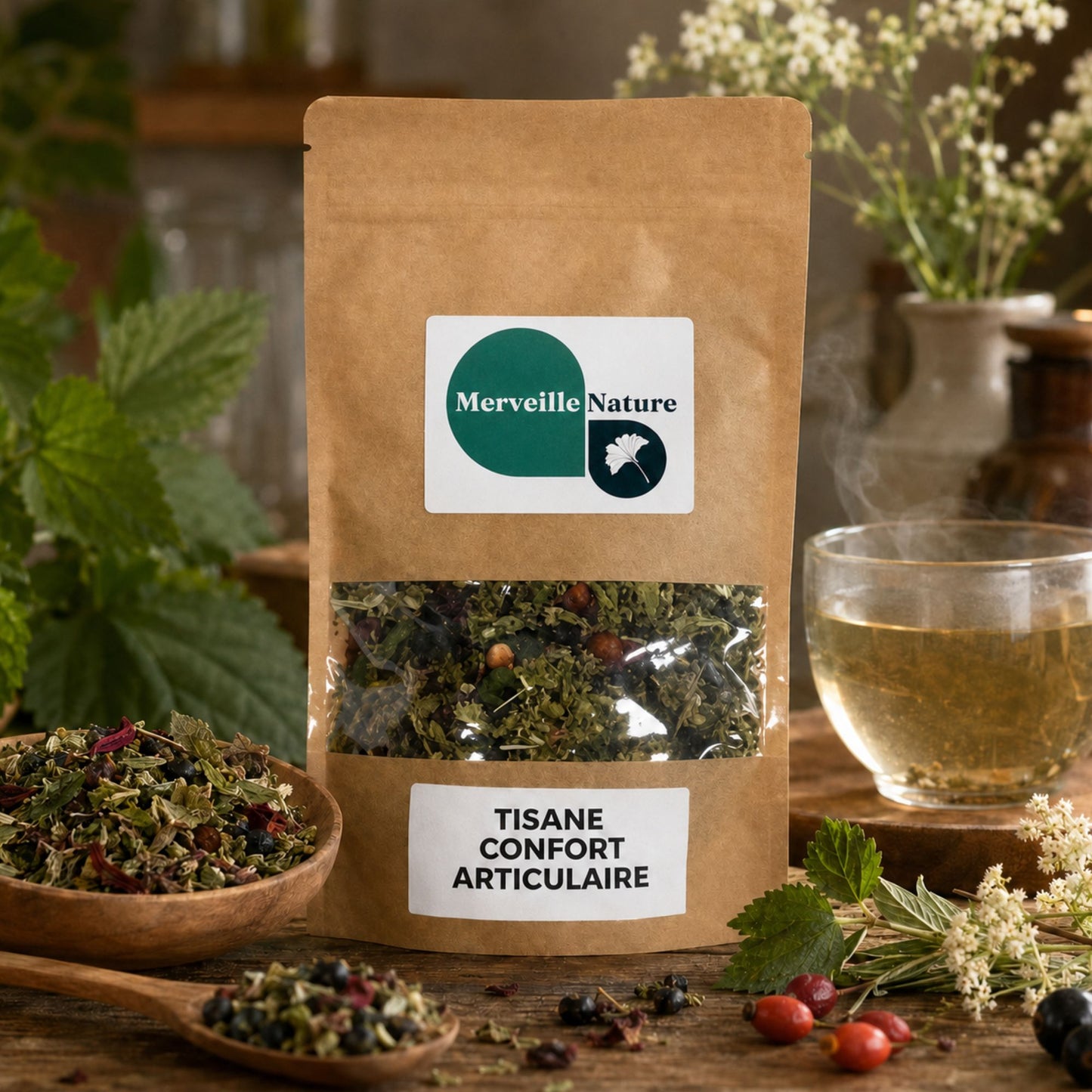 Tisane Confort Articulaire MerveilleNature en sachet kraft sur table en bois, dans une ambiance bien-être avec infusion, plantes séchées et ingrédients naturels