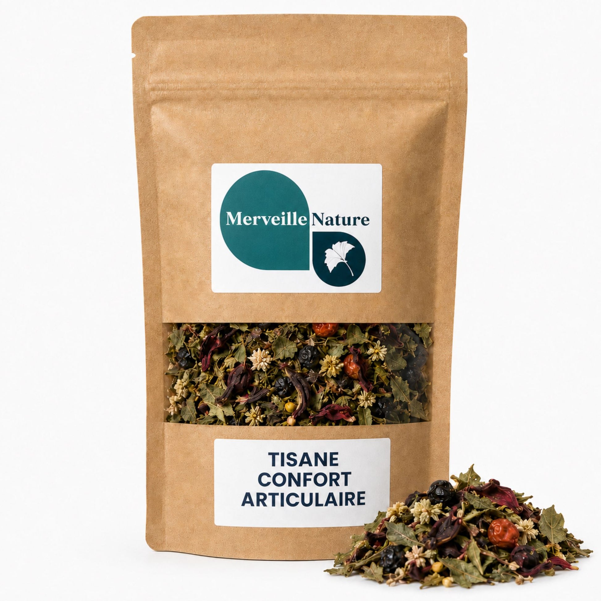 Sachet de tisane Confort Articulaire MerveilleNature sur fond blanc, infusion naturelle aux plantes avec cassis, ortie, reine-des-prés, pissenlit, cynorrhodon et hibiscus.