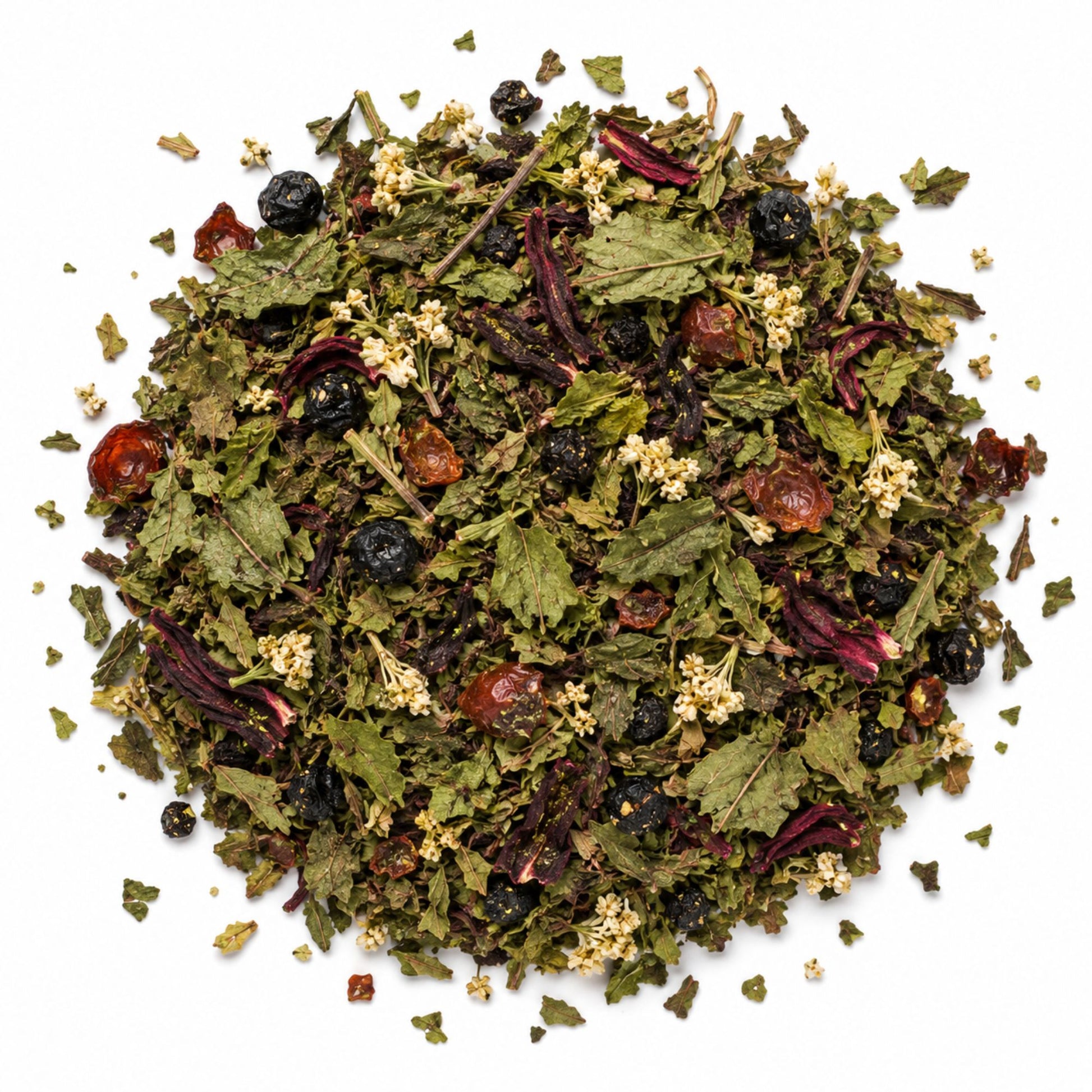 Mélange en vrac de la tisane Confort Articulaire MerveilleNature sur fond blanc, composé de feuille de cassis, fruit de cassis, ortie, reine-des-prés, pissenlit, cynorrhodon et hibiscus.