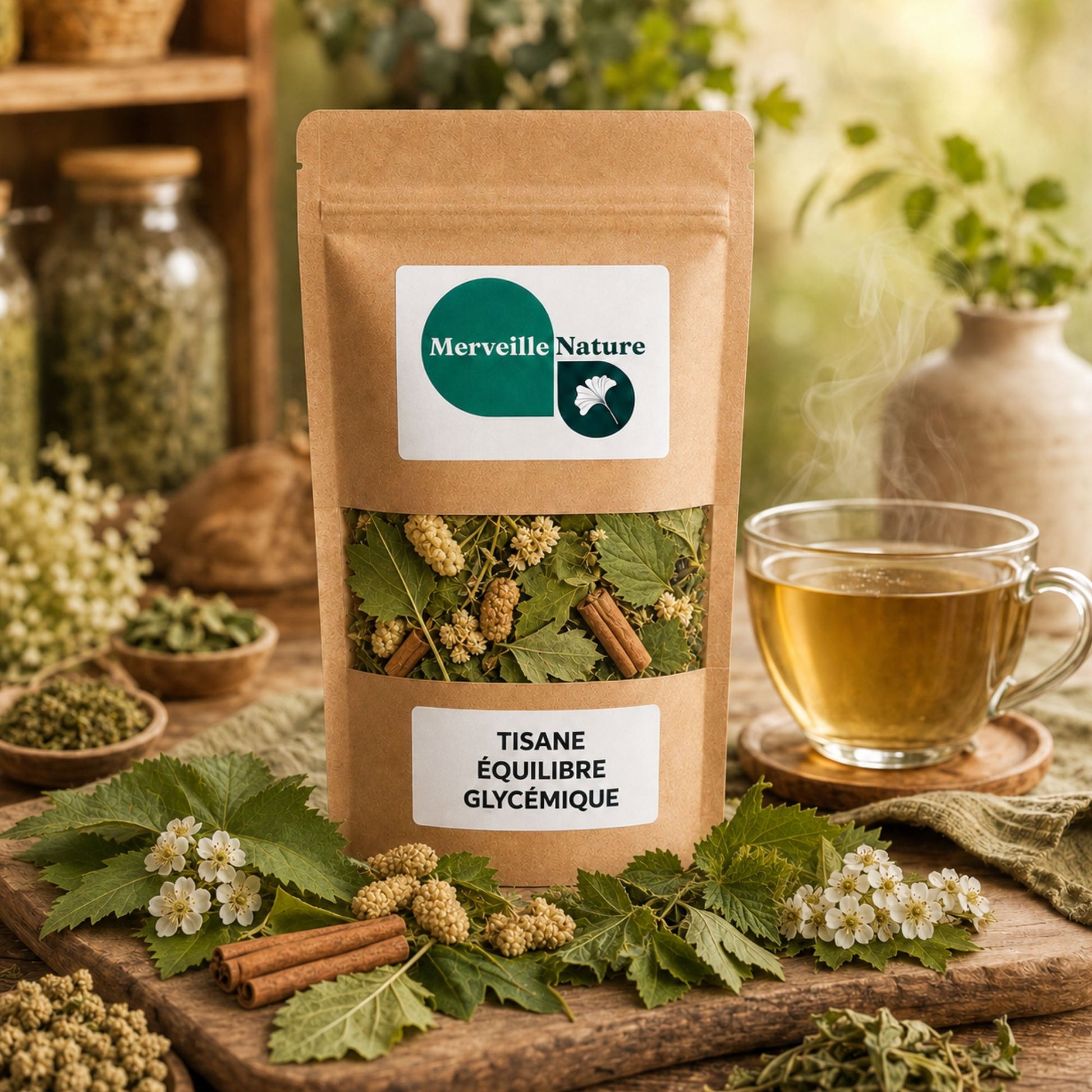 Tisane Équilibre Glycémique MerveilleNature en sachet kraft sur table en bois, dans une ambiance bien-être avec tasse d’infusion, mûrier blanc, aubépine et cannelle de Ceylan.