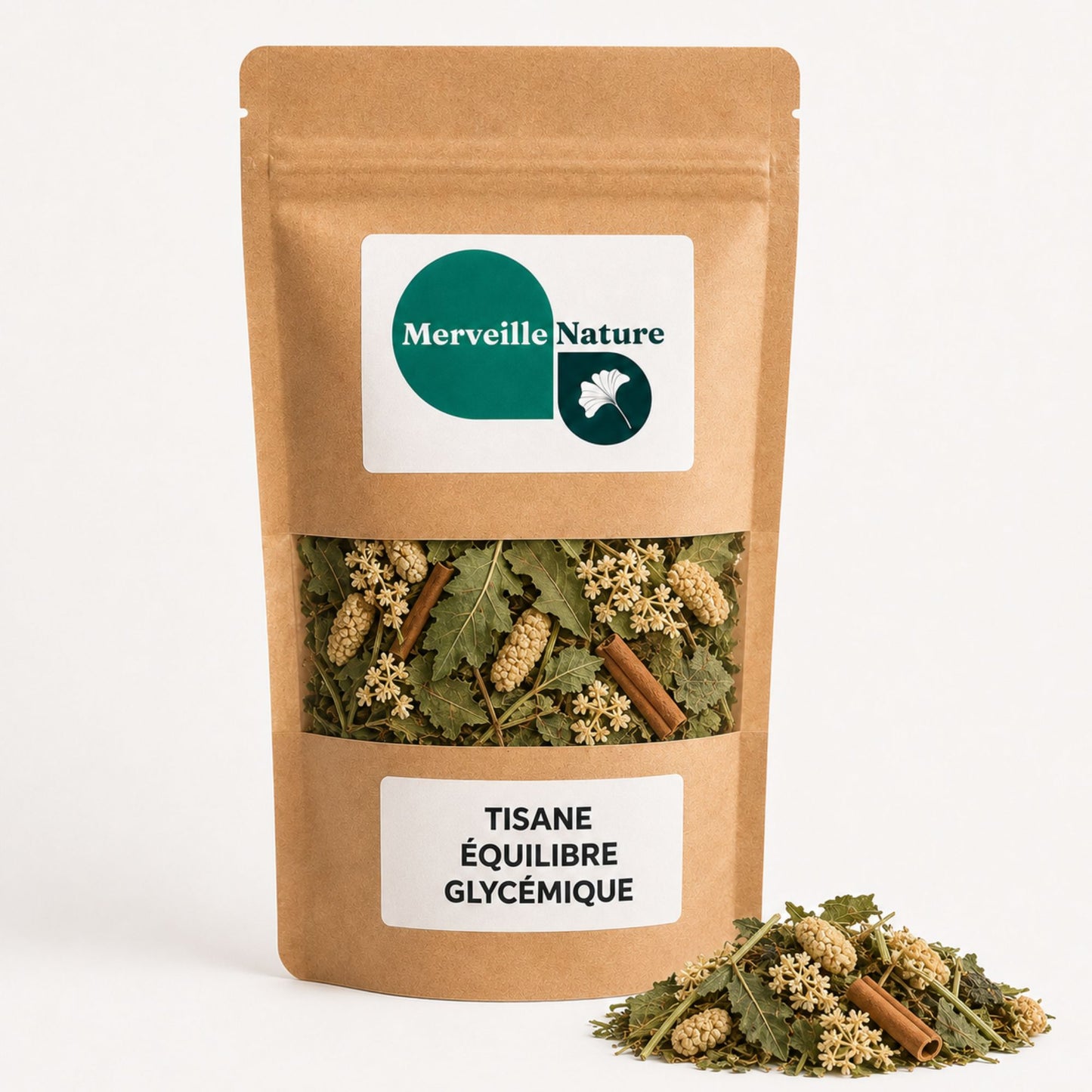 Sachet de tisane Équilibre Glycémique MerveilleNature sur fond blanc, infusion naturelle aux feuilles de mûrier blanc, feuilles de myrtille, ortie, pissenlit, aubépine et cannelle de Ceylan.