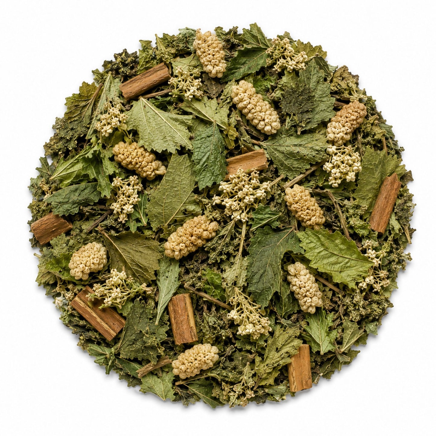 Mélange en vrac de la tisane Équilibre Glycémique MerveilleNature sur fond blanc, composé de feuilles de mûrier blanc, feuilles de myrtille, ortie, pissenlit, aubépine, fruits de mûrier blanc et cannelle de Ceylan.