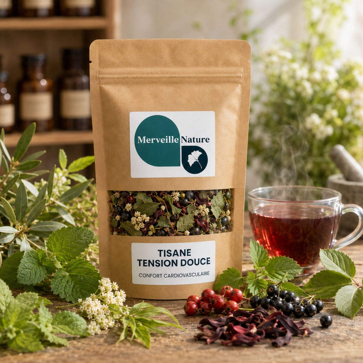 Tisane Tension Douce Confort cardiovasculaire MerveilleNature en sachet kraft sur table en bois, dans une ambiance bien-être avec infusion, plantes, aubépine, aronia et hibiscus.
