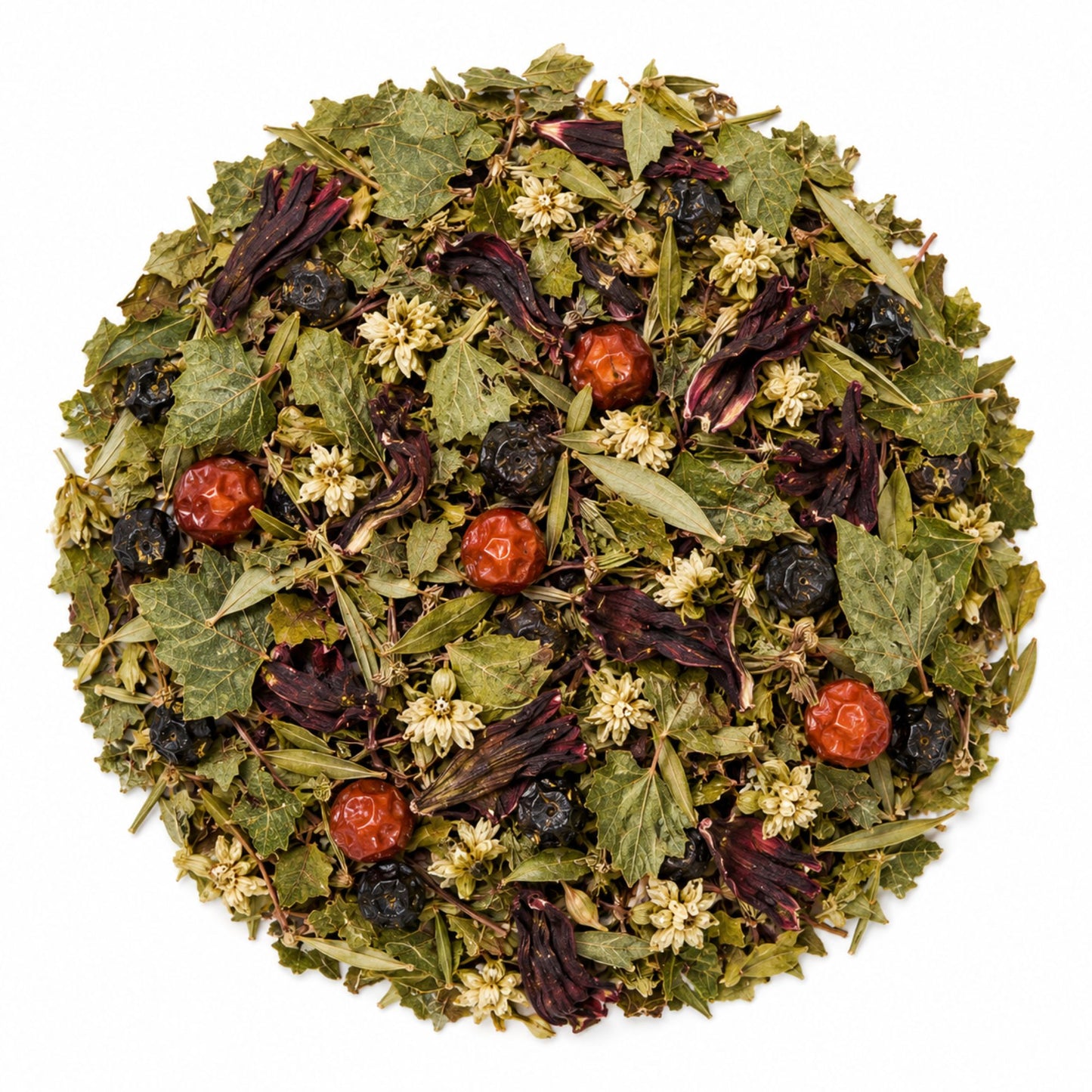 Mélange en vrac de la tisane Tension Douce Confort cardiovasculaire MerveilleNature sur fond blanc, composé de feuille d’olivier, mélisse, cassis, aubépine, verveine citronnée, aronia et hibiscus.